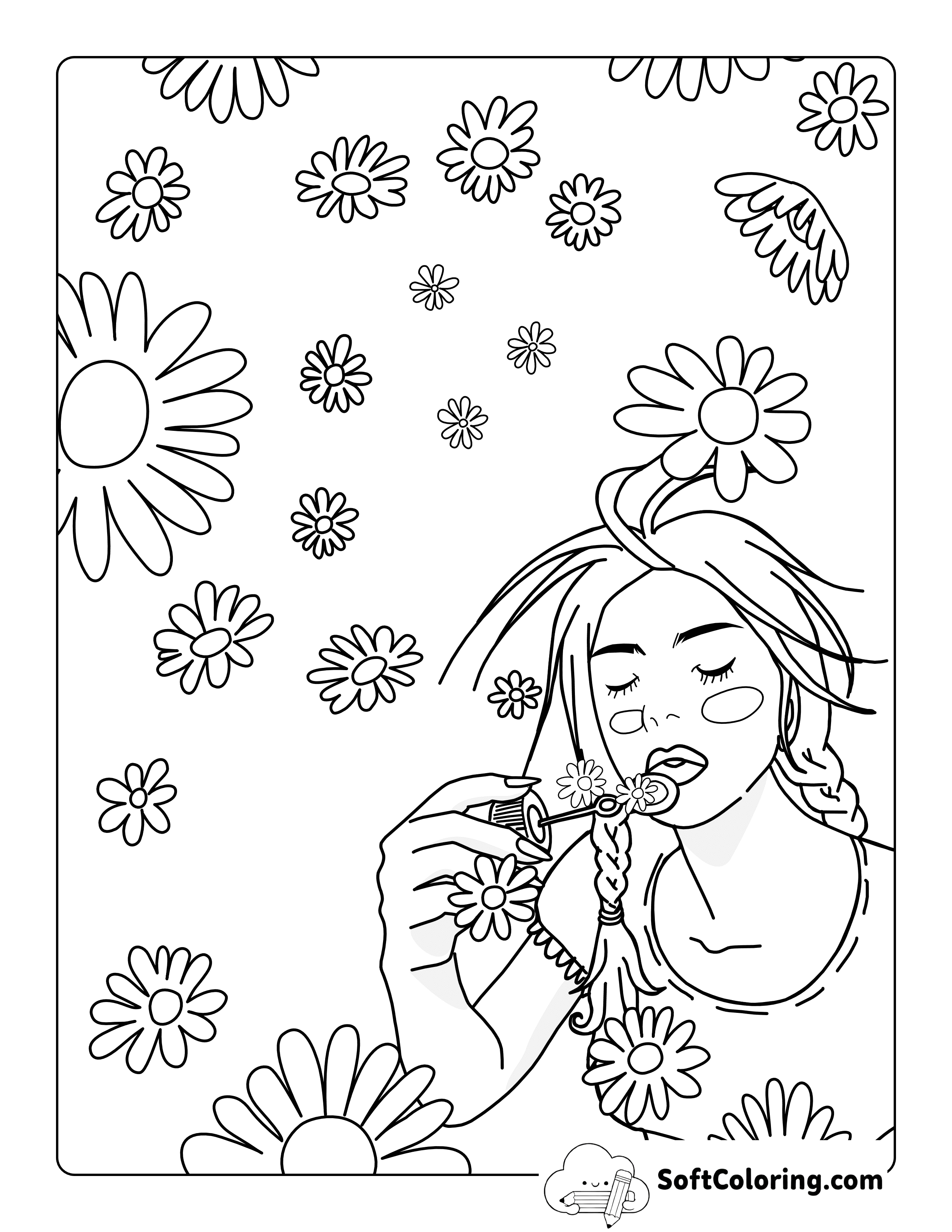 Girl Blowing Bubbles Daisy Coloring Sheet for Teens