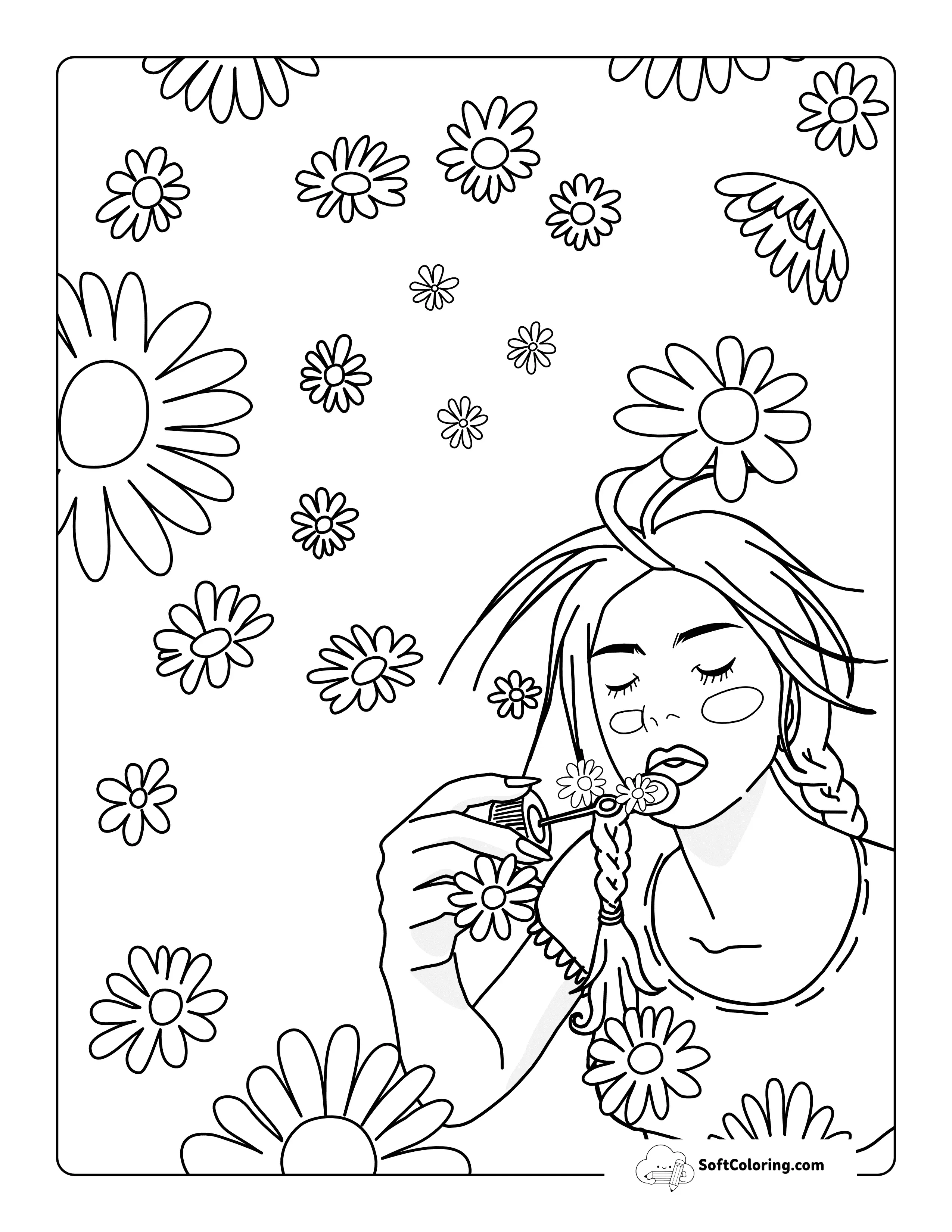 Girl Blowing Bubbles Daisy Coloring Sheet For Teens