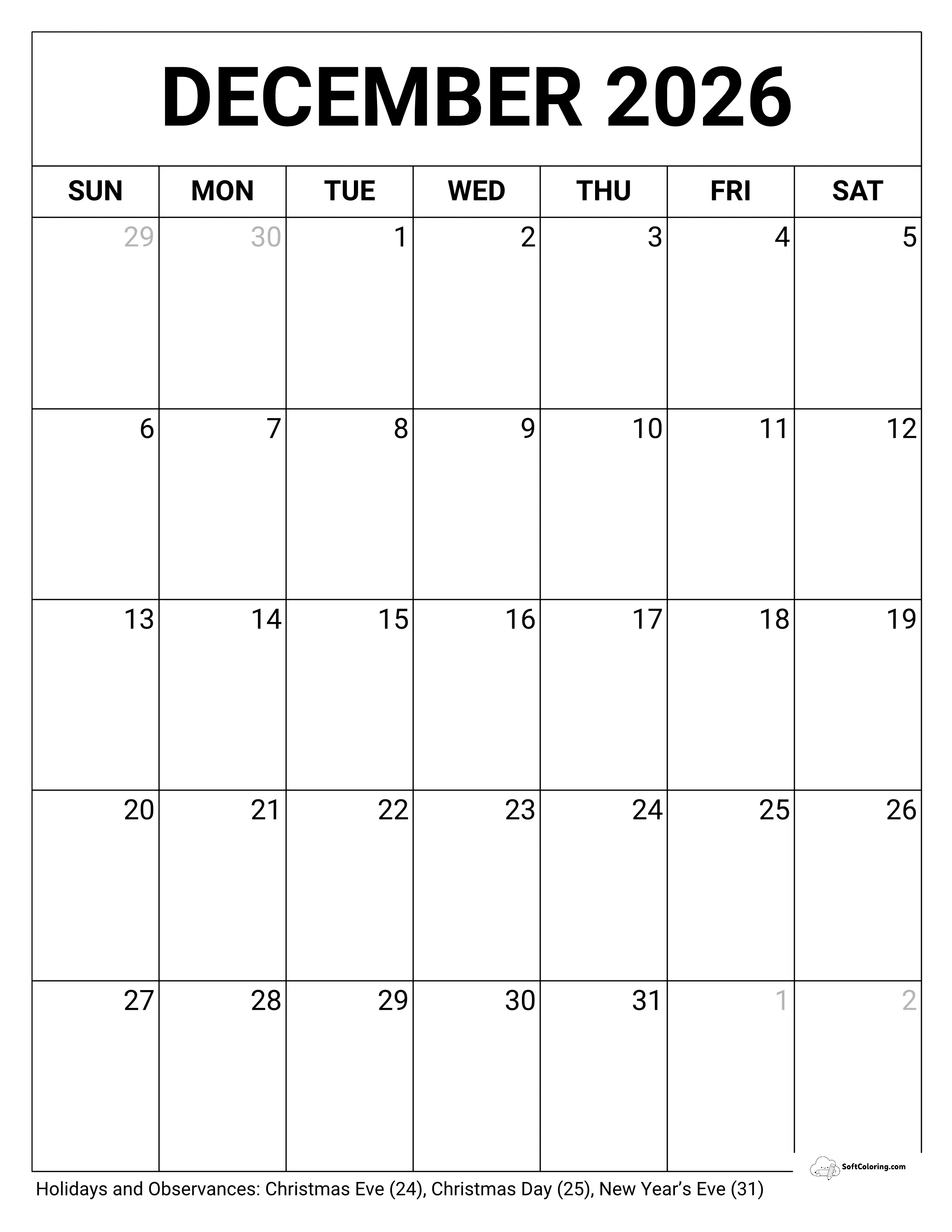 Blank Portrait December 2026 Calendar