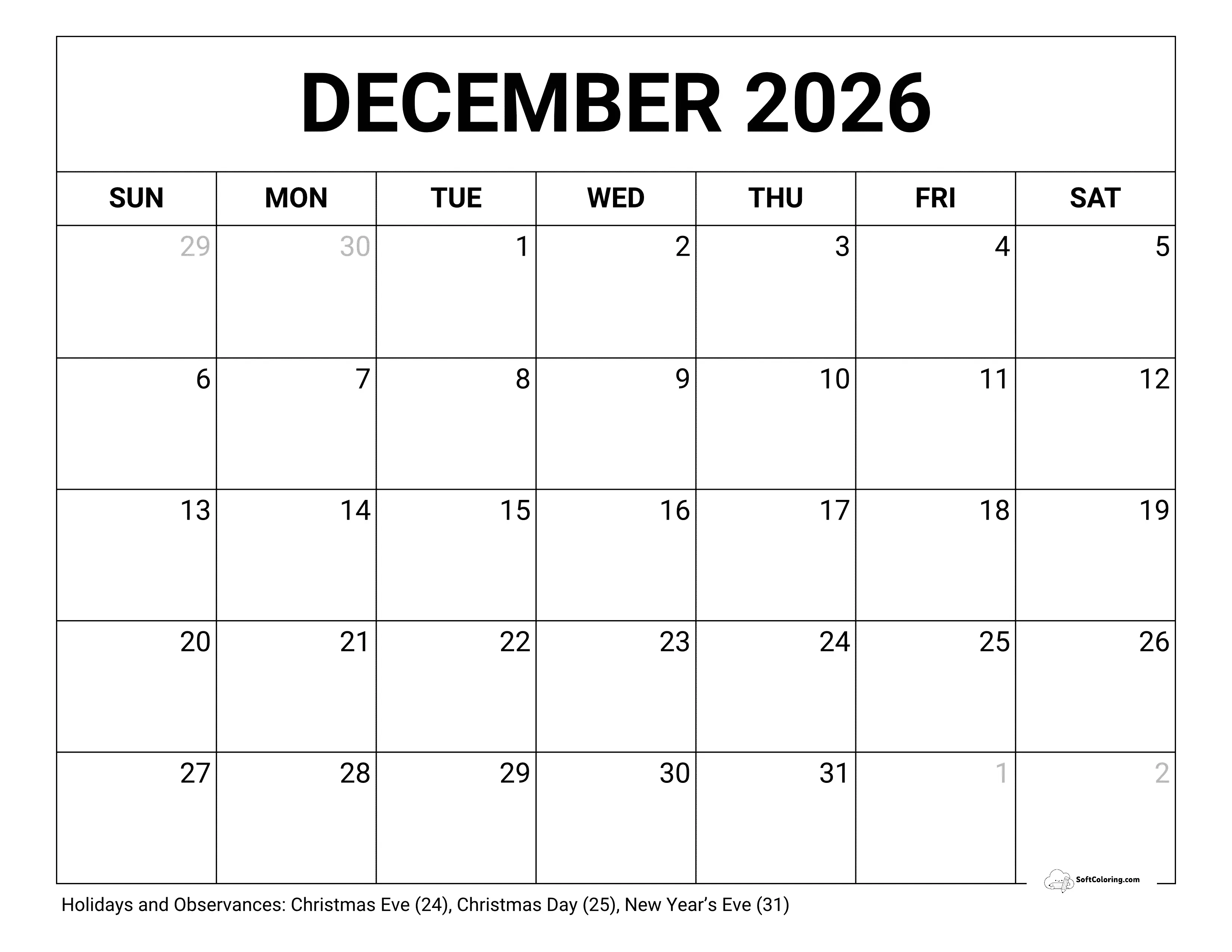 Blank December 2026 Calendar