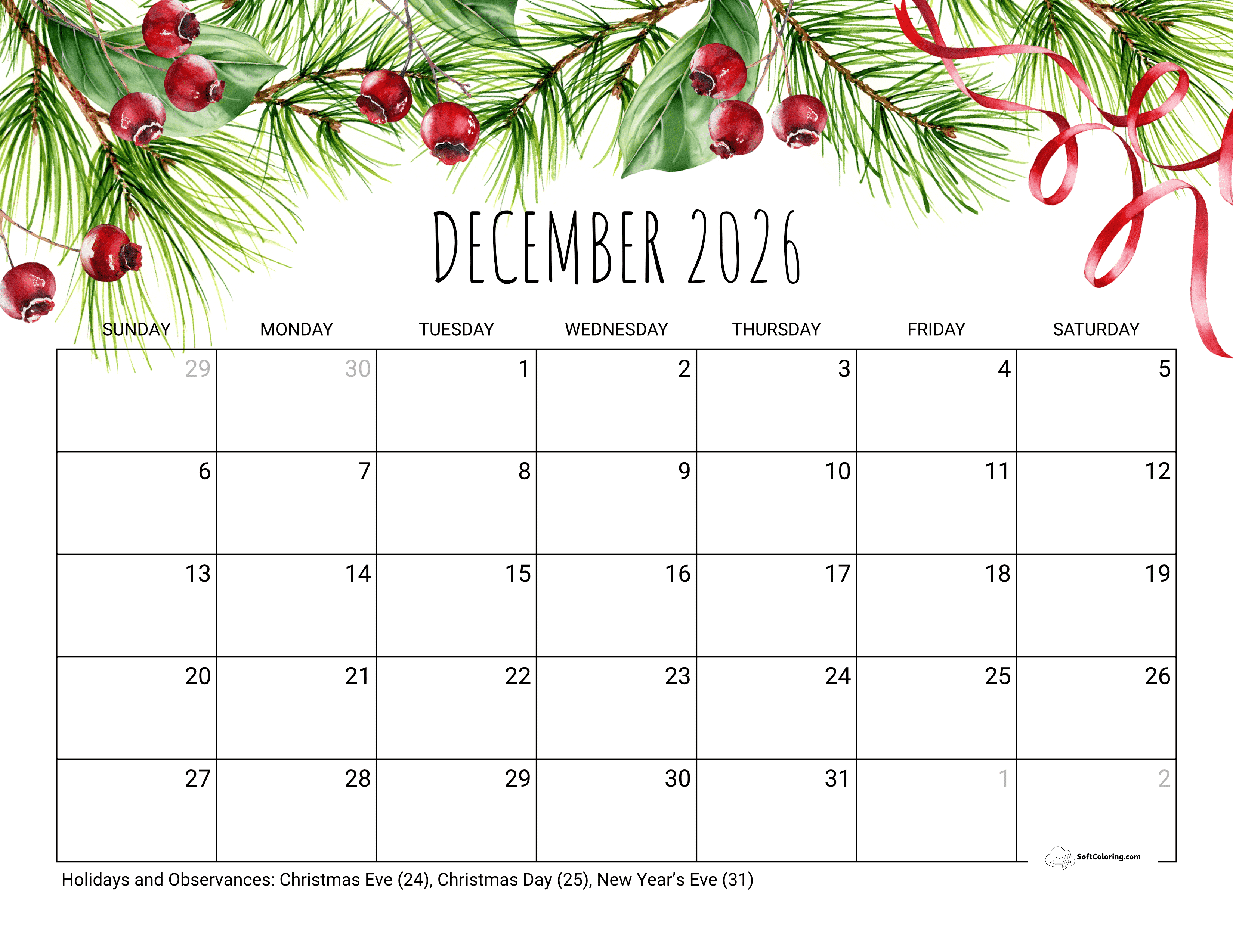 Holiday December 2026 Calendar