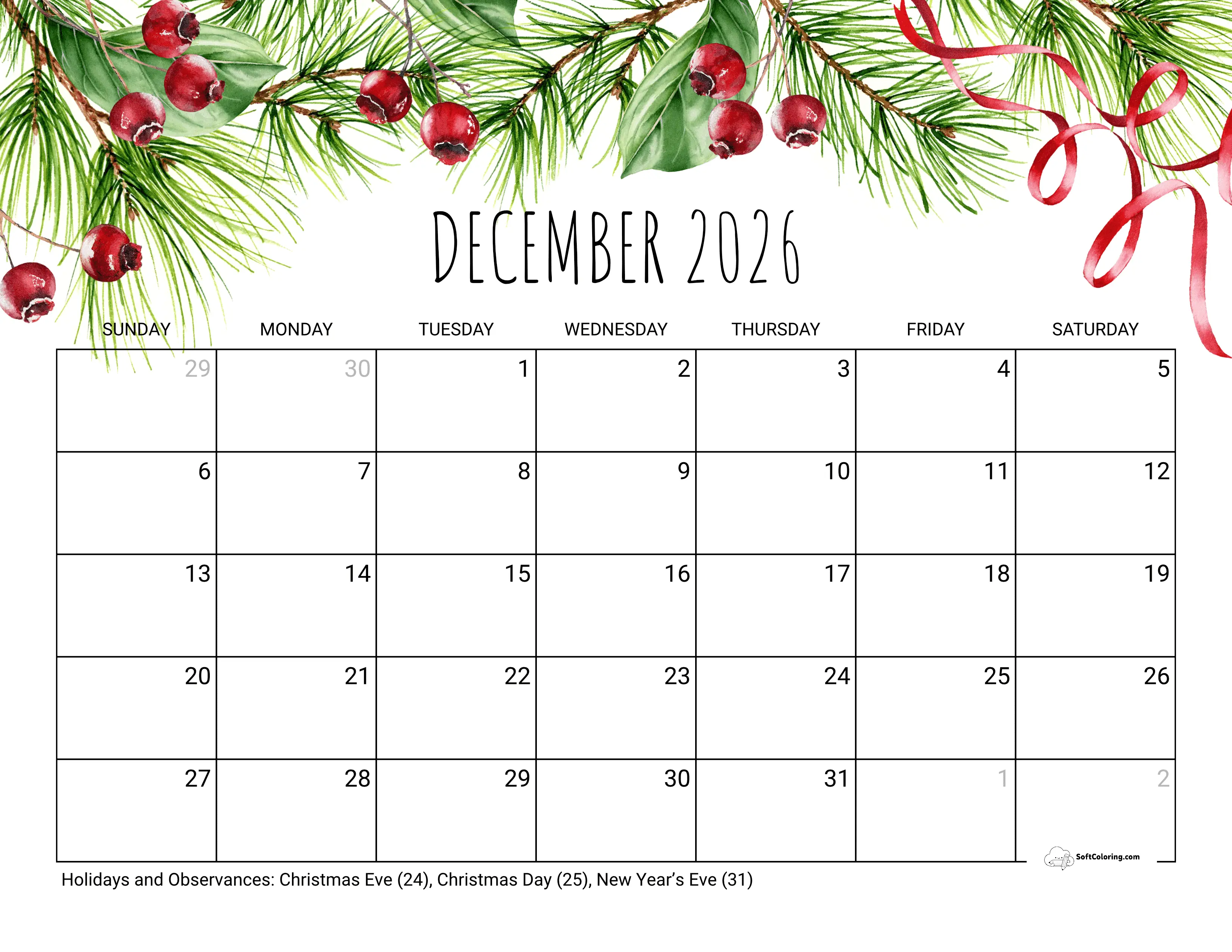 Holiday December 2026 Calendar