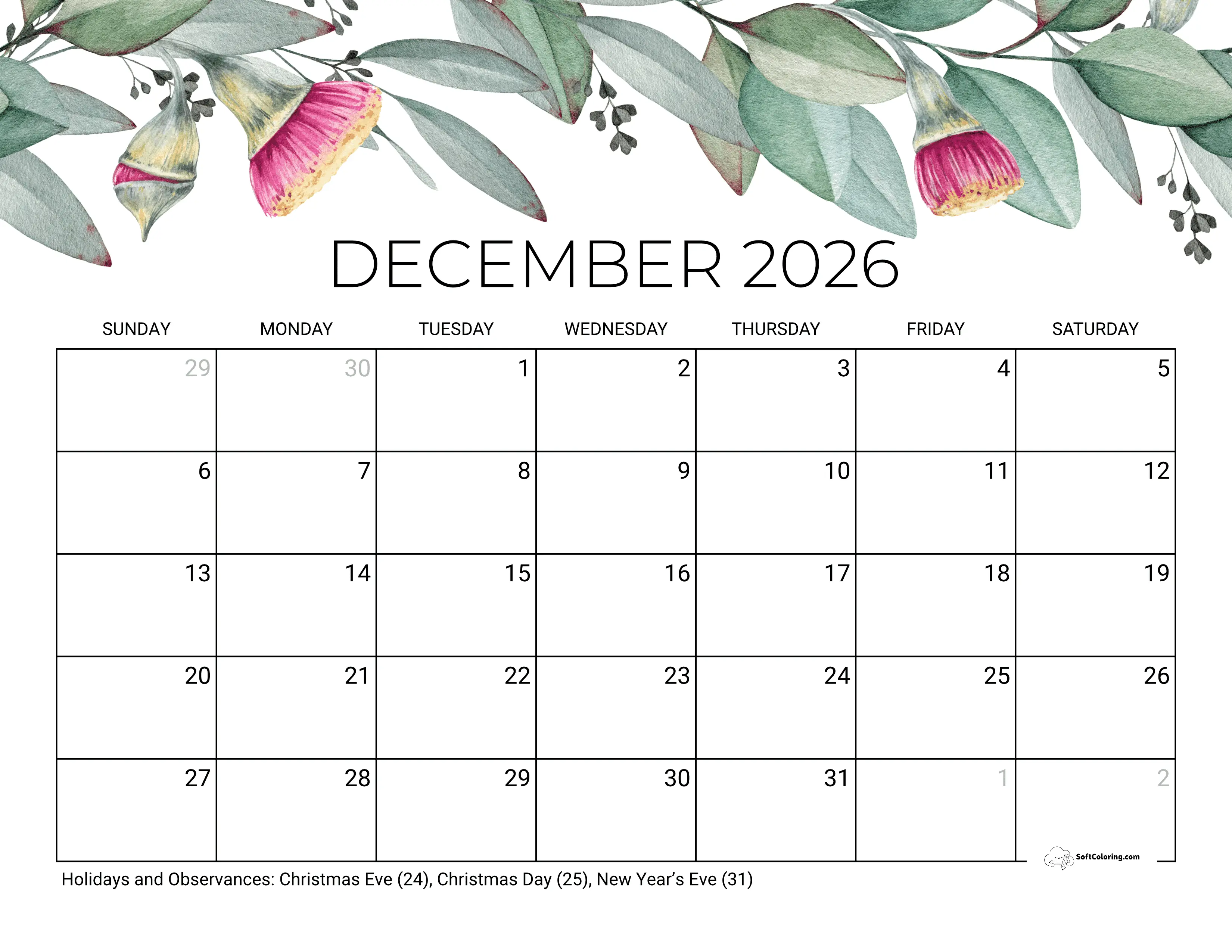 Eucalyptus December 2026 Calendar