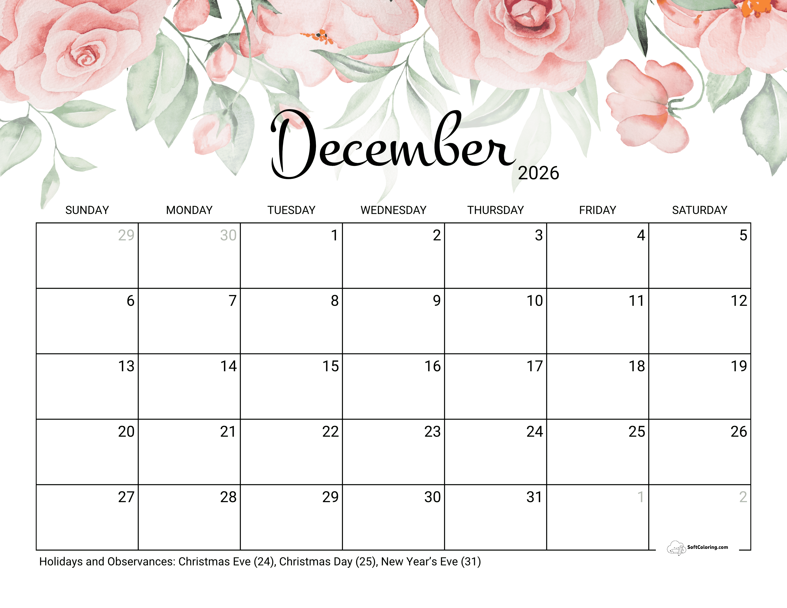 Roses December 2026 Calendar