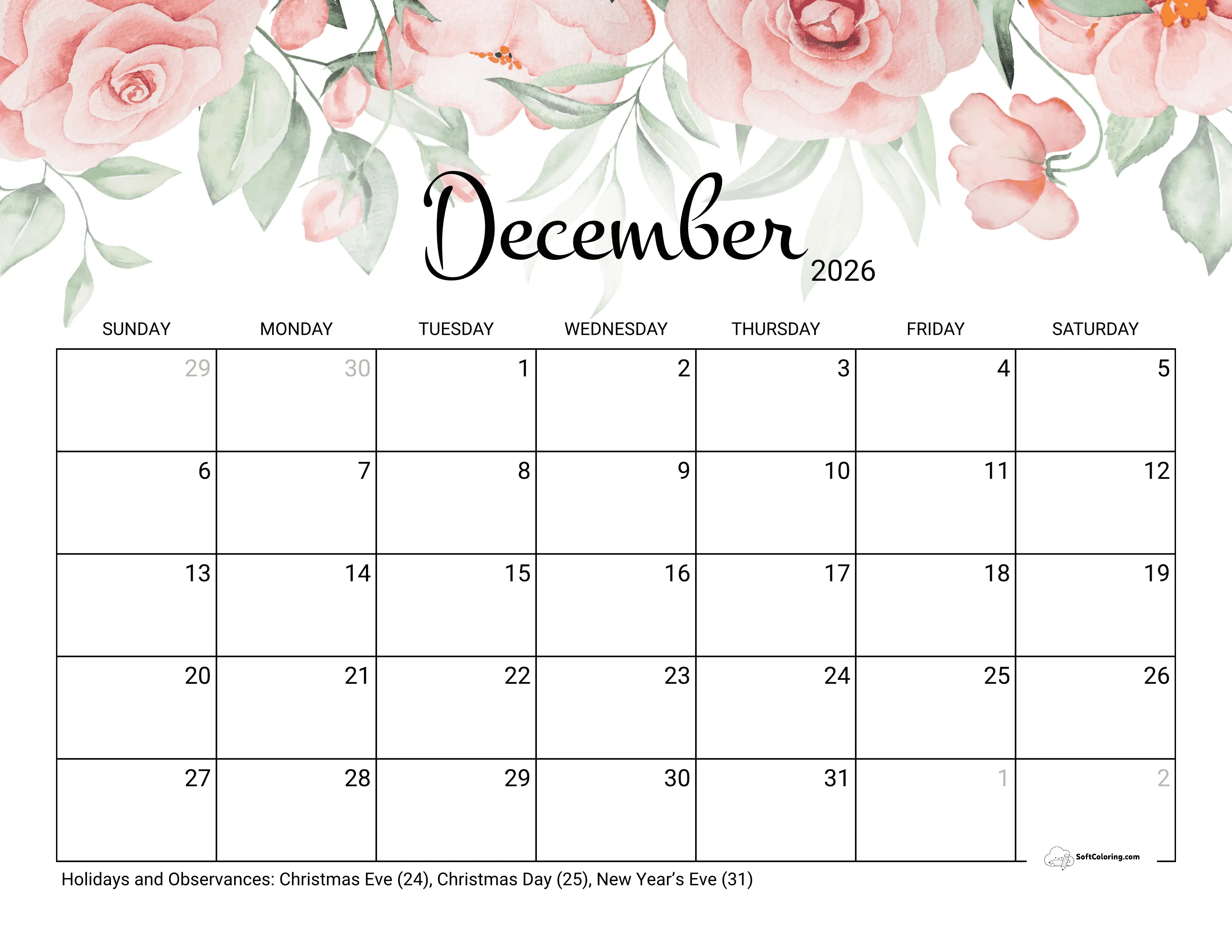 Roses December 2026 Calendar