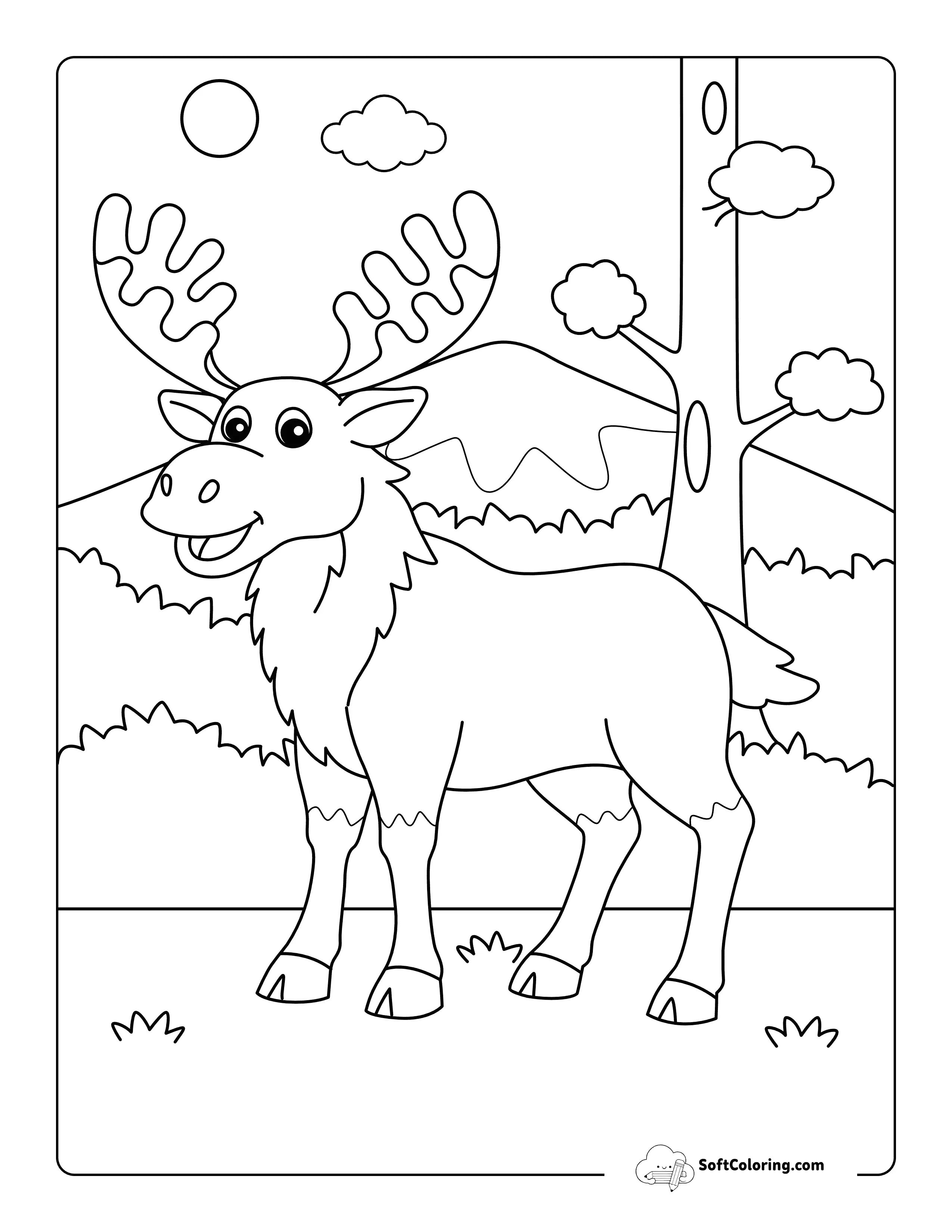 Cute Moose In The Forest - Kids Coloring Page