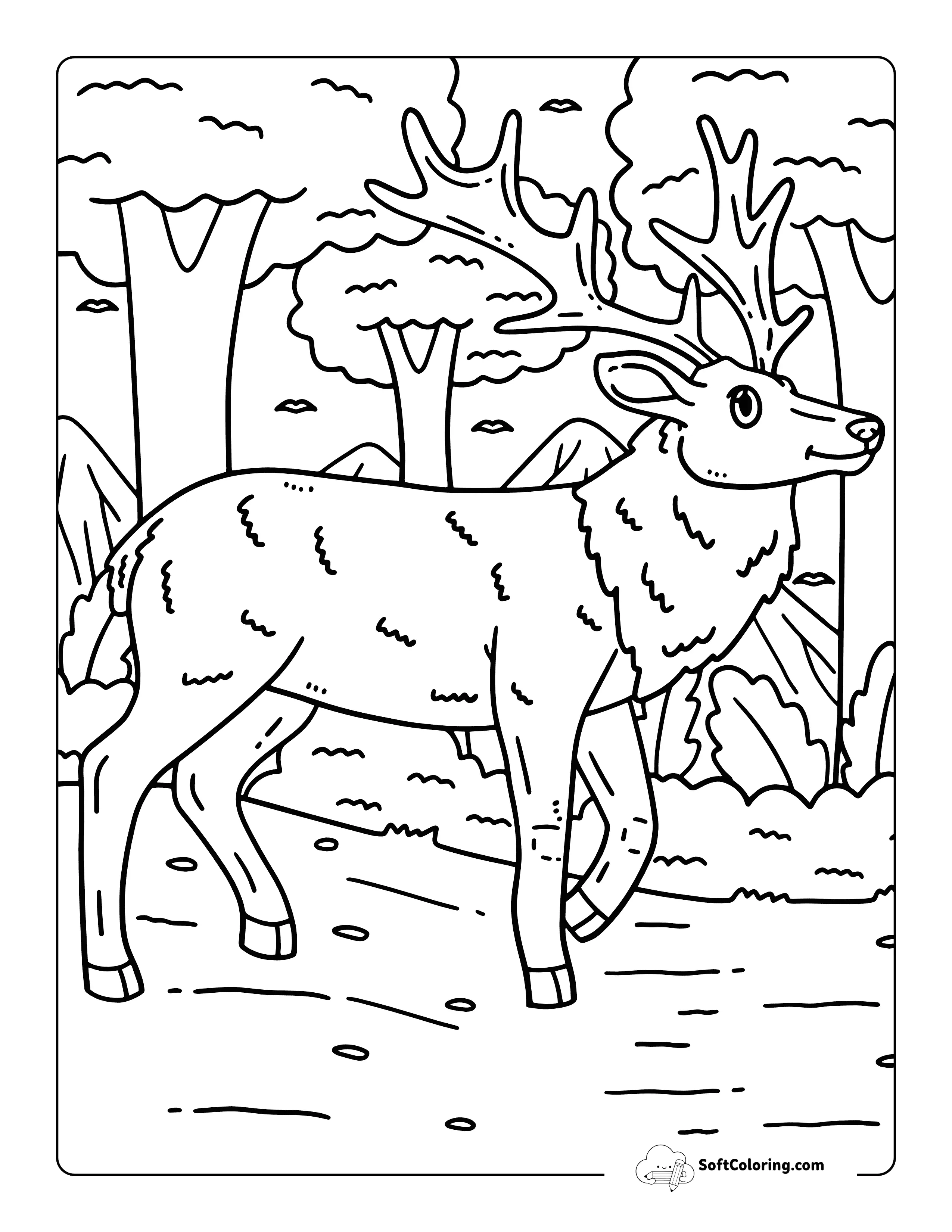 Happy Elk Wandering The Forest - Deer Coloring Page