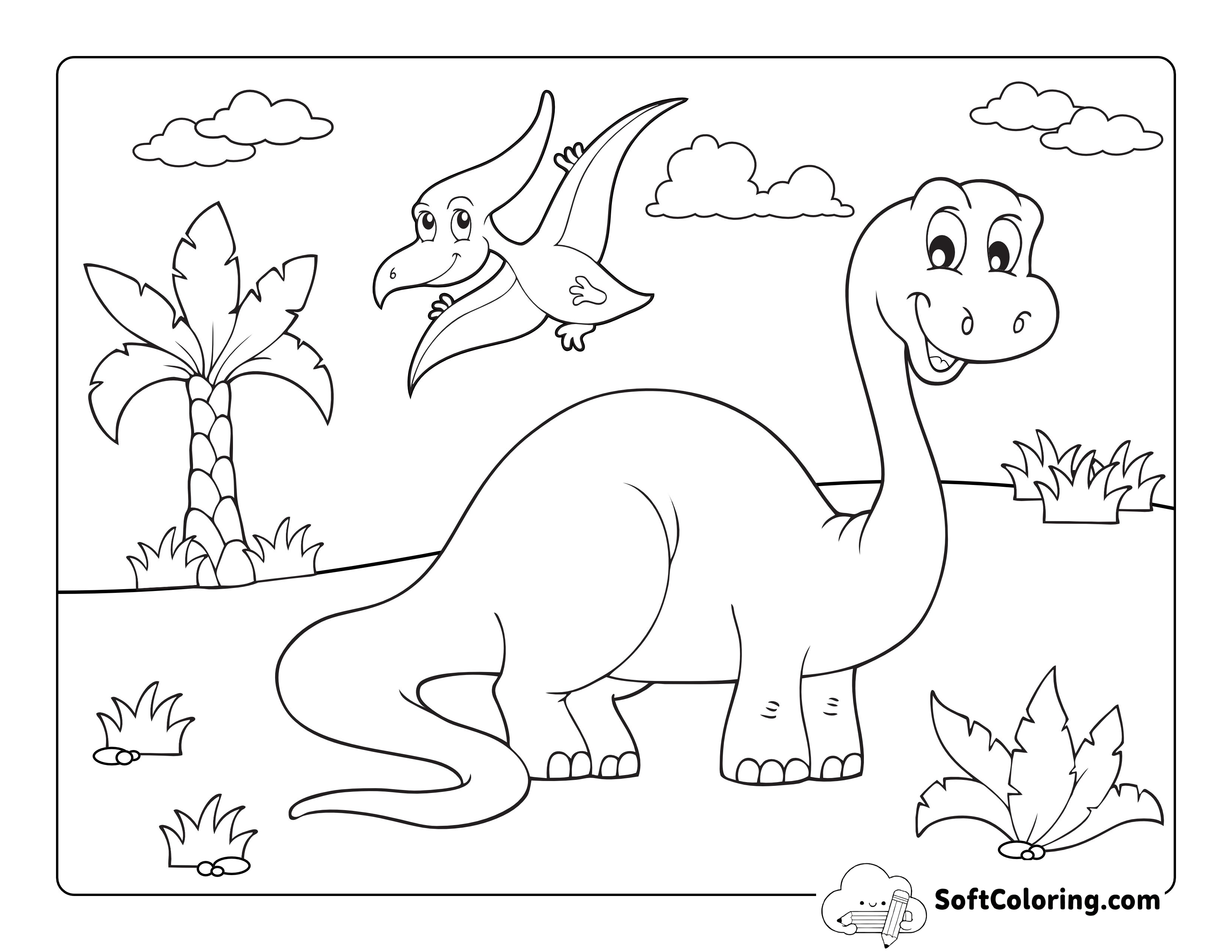 Cute Brontosaurus & Flying Pterosaur Drawing to Color