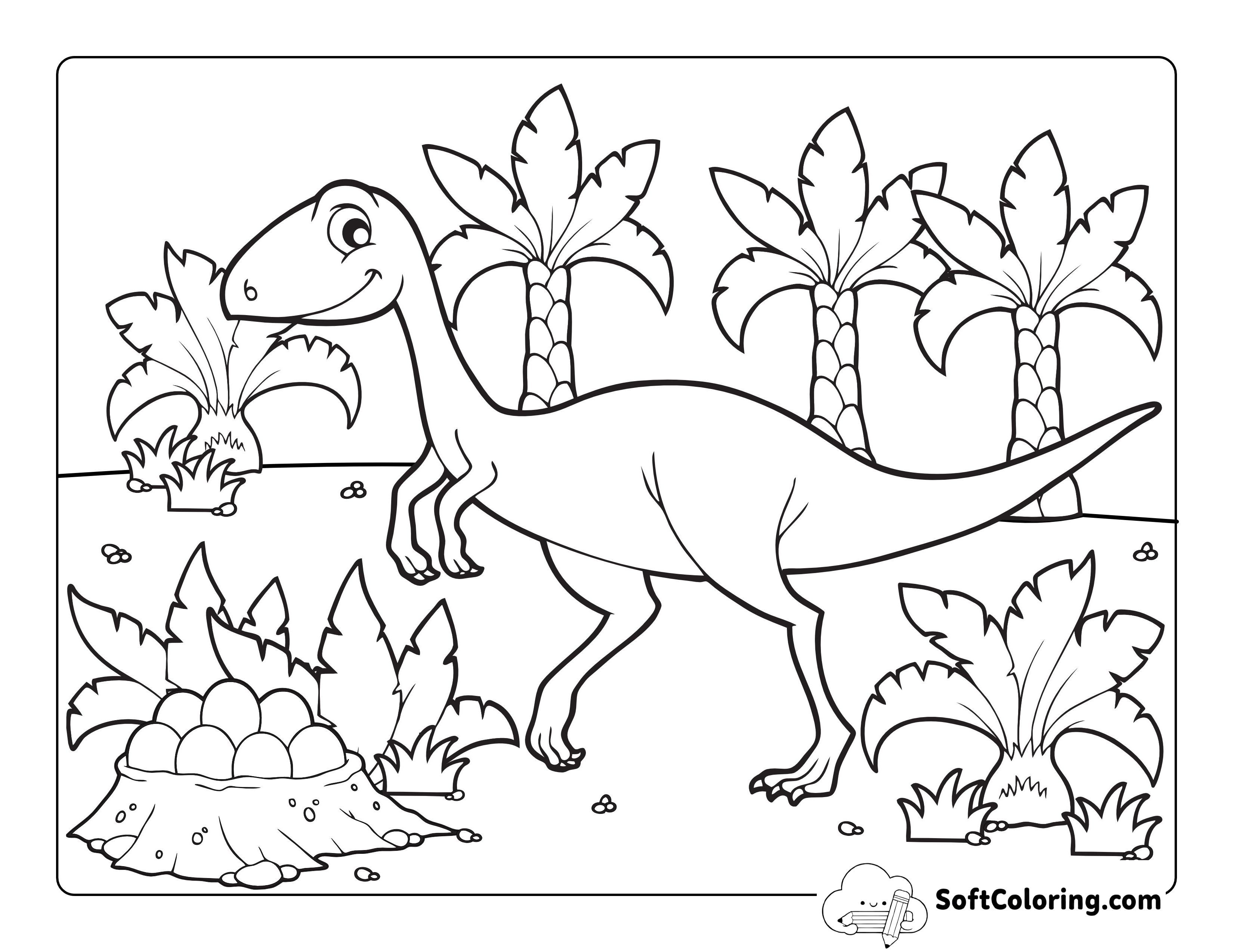Cartoon Dinosaur with Eggs to Color
