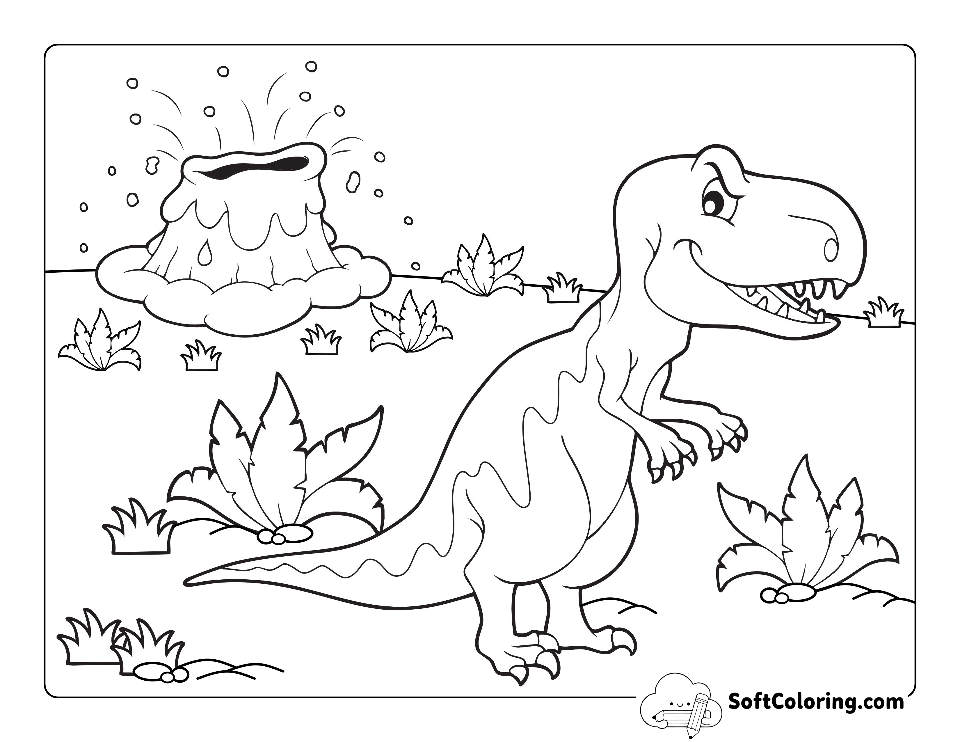 Scary Dinosaur and Erupting Volcano To Color