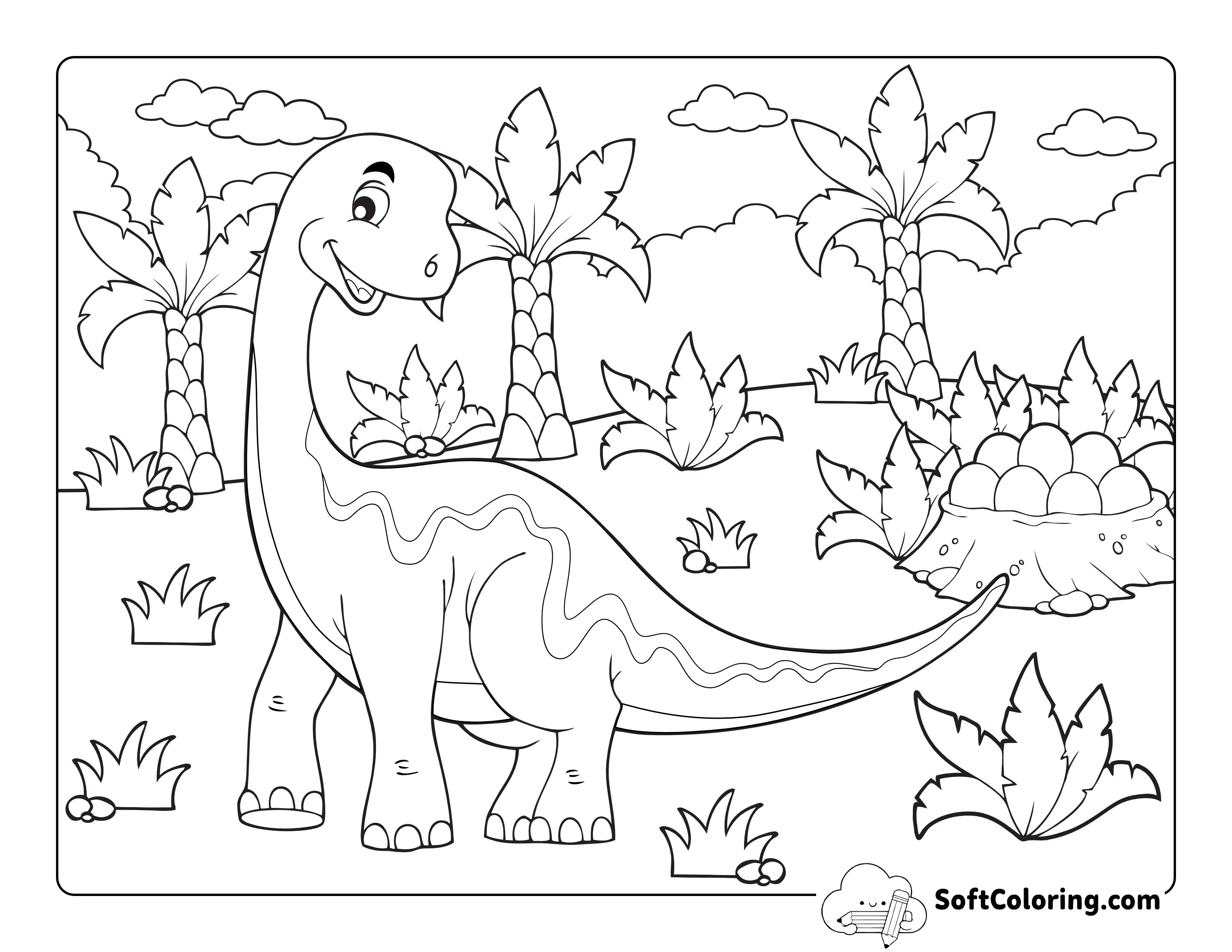 Large Dinosaur with Eggs Coloring Page