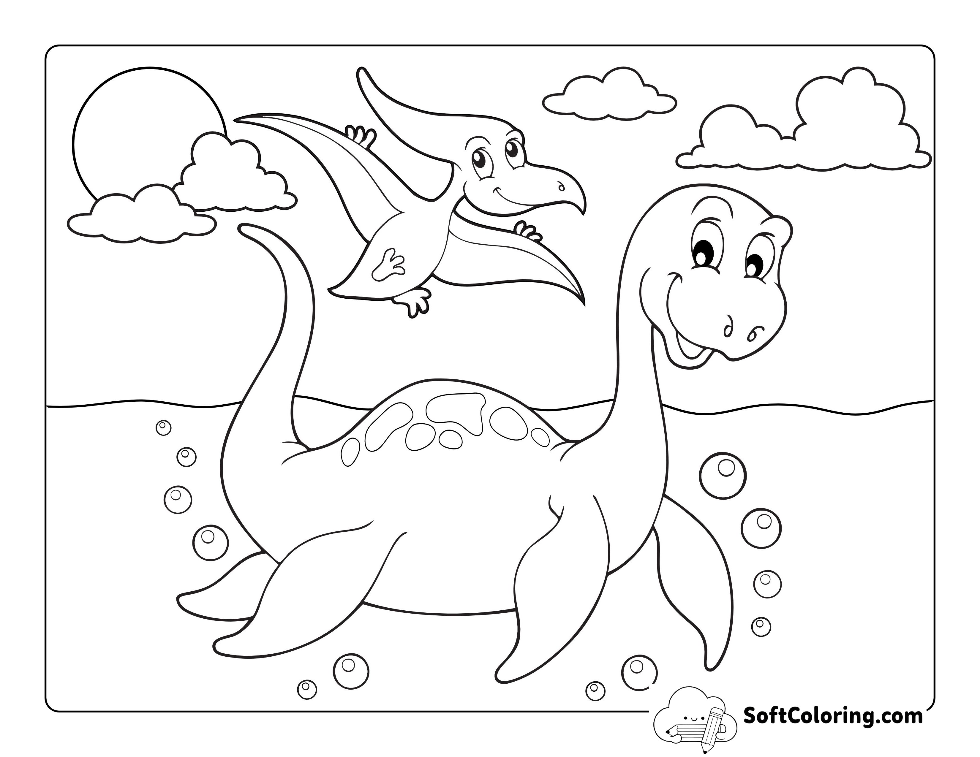 Cute Swimming Plesiosaurus Coloring Page