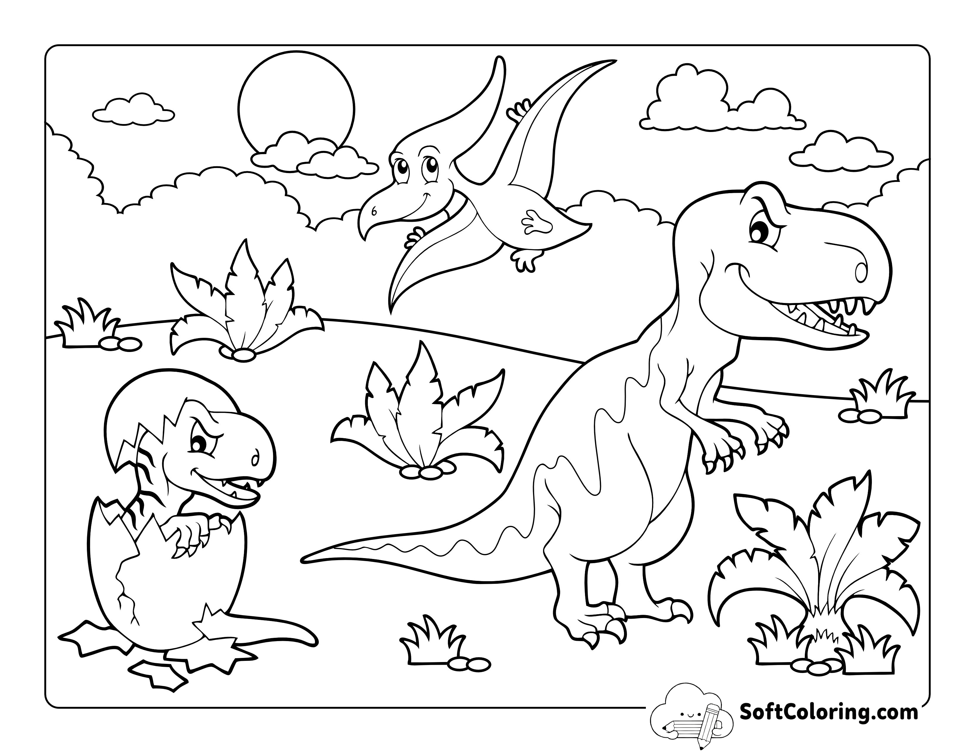 Prehistoric Dinosaur Scene to Color