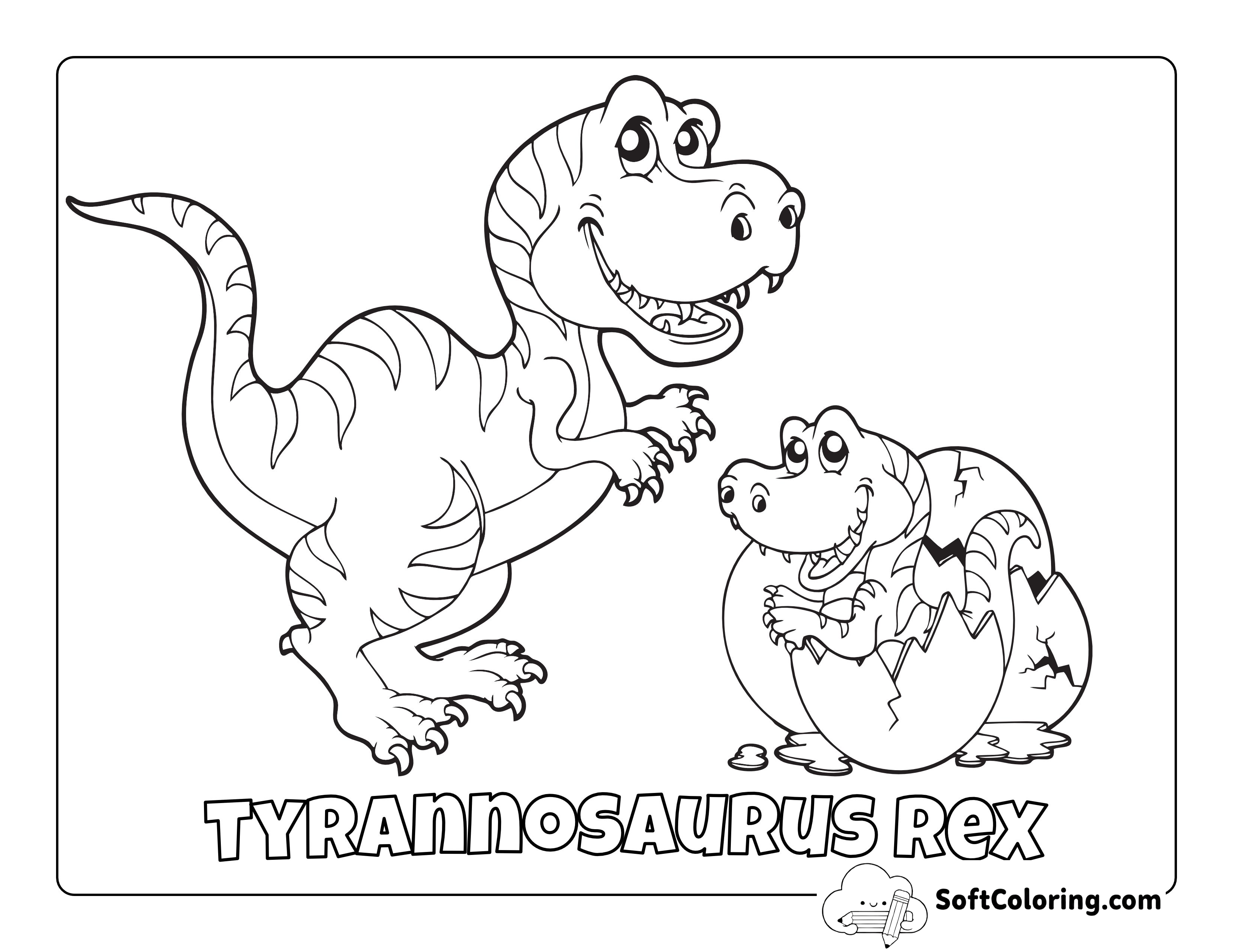 Cute T-rex with Hatching Baby Dinosaur Coloring Sheet
