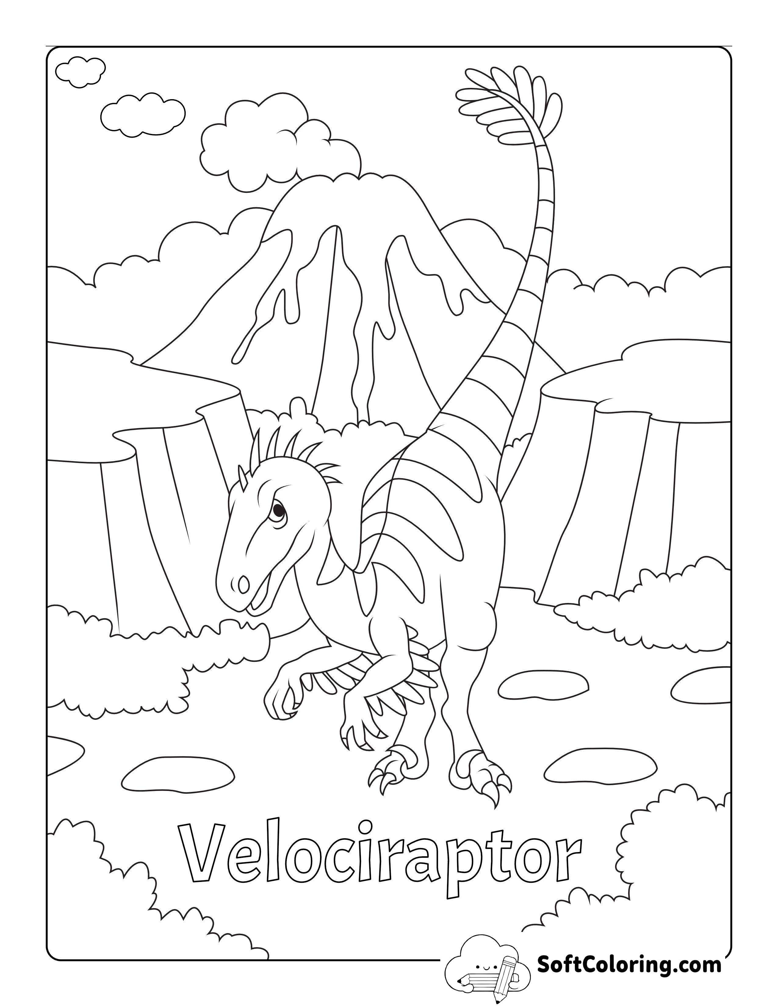 Feathered Velociraptor Dinosaur Coloring Page