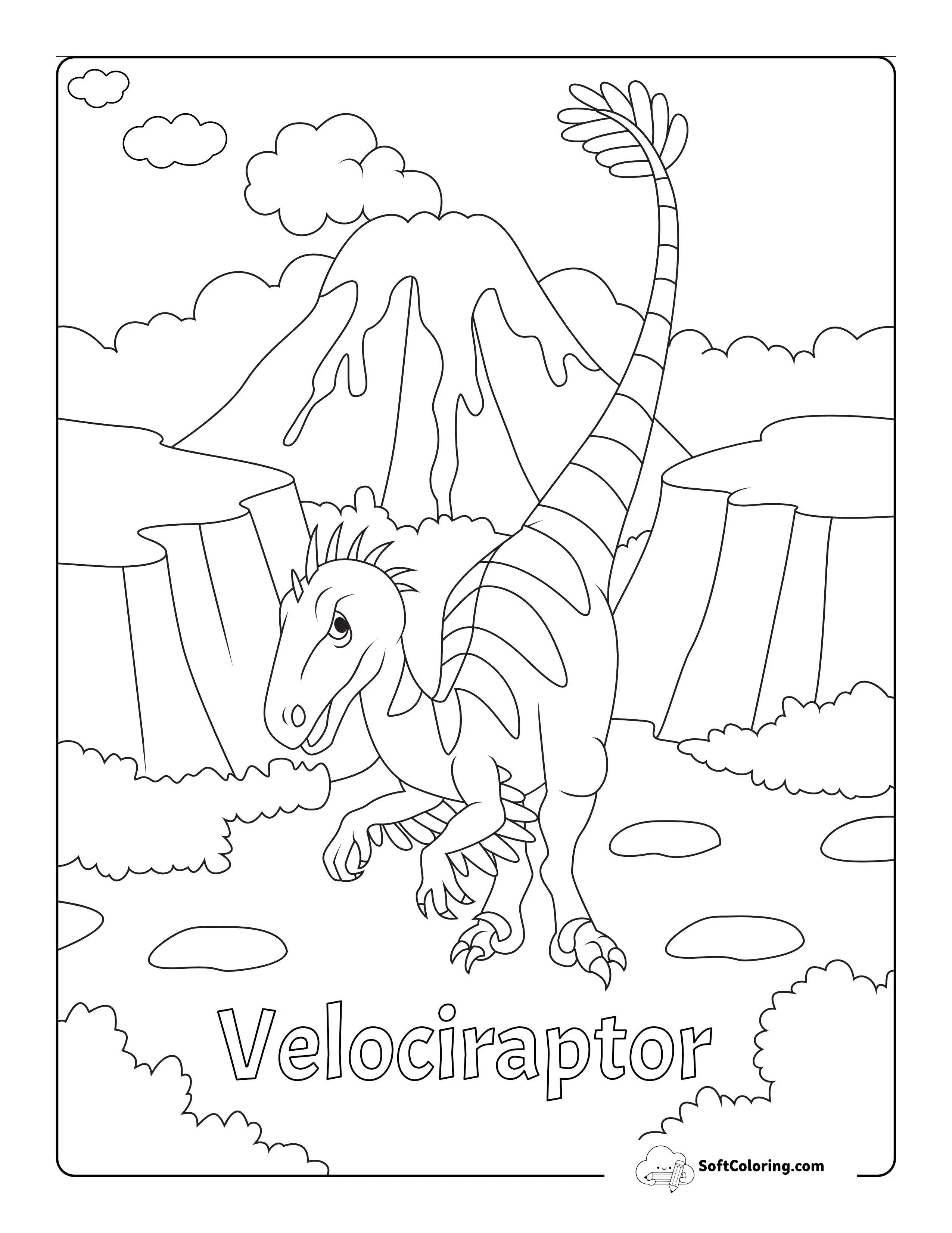 Feathered Velociraptor Dinosaur Coloring Page