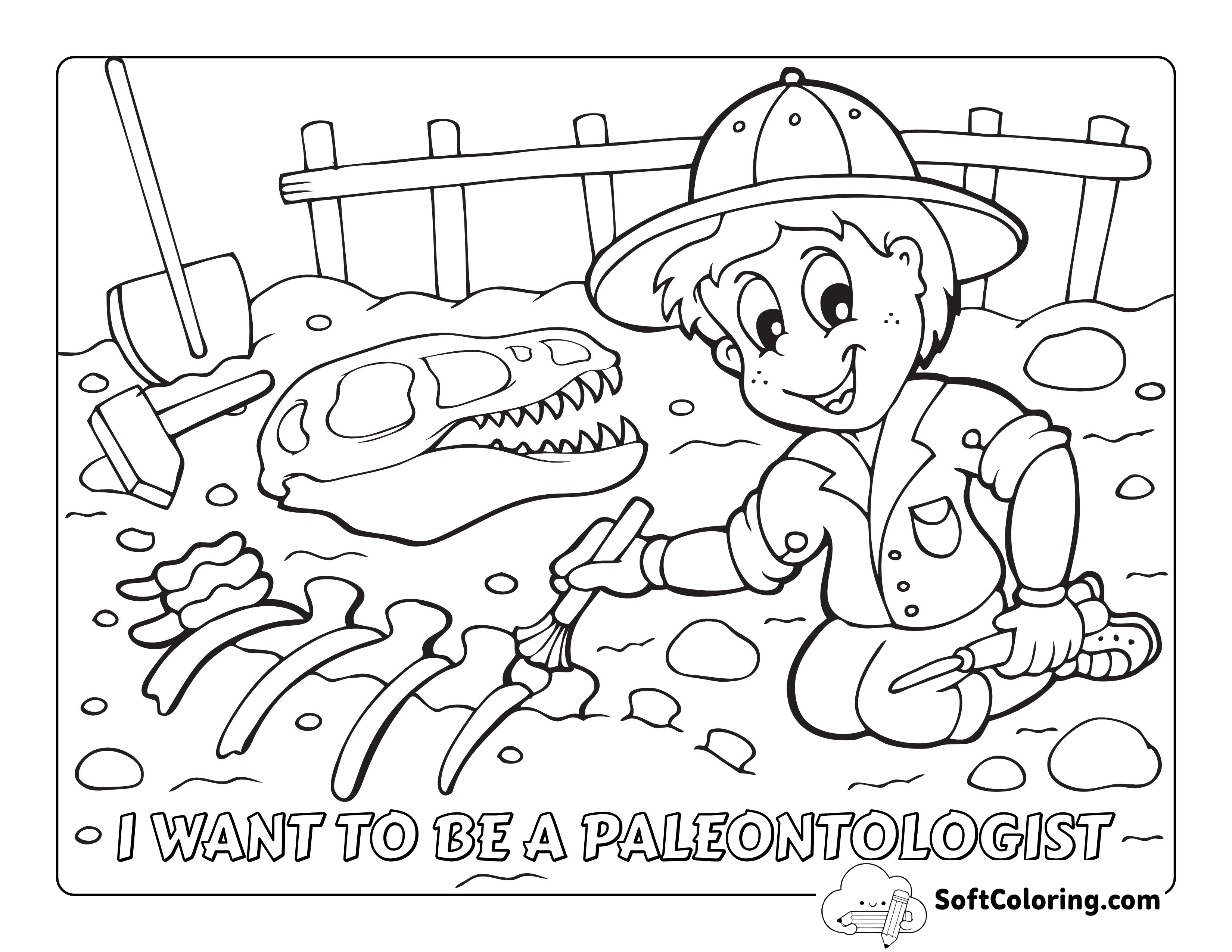 Paleontologist With Dinosaur Fossil Coloring Page for Kids