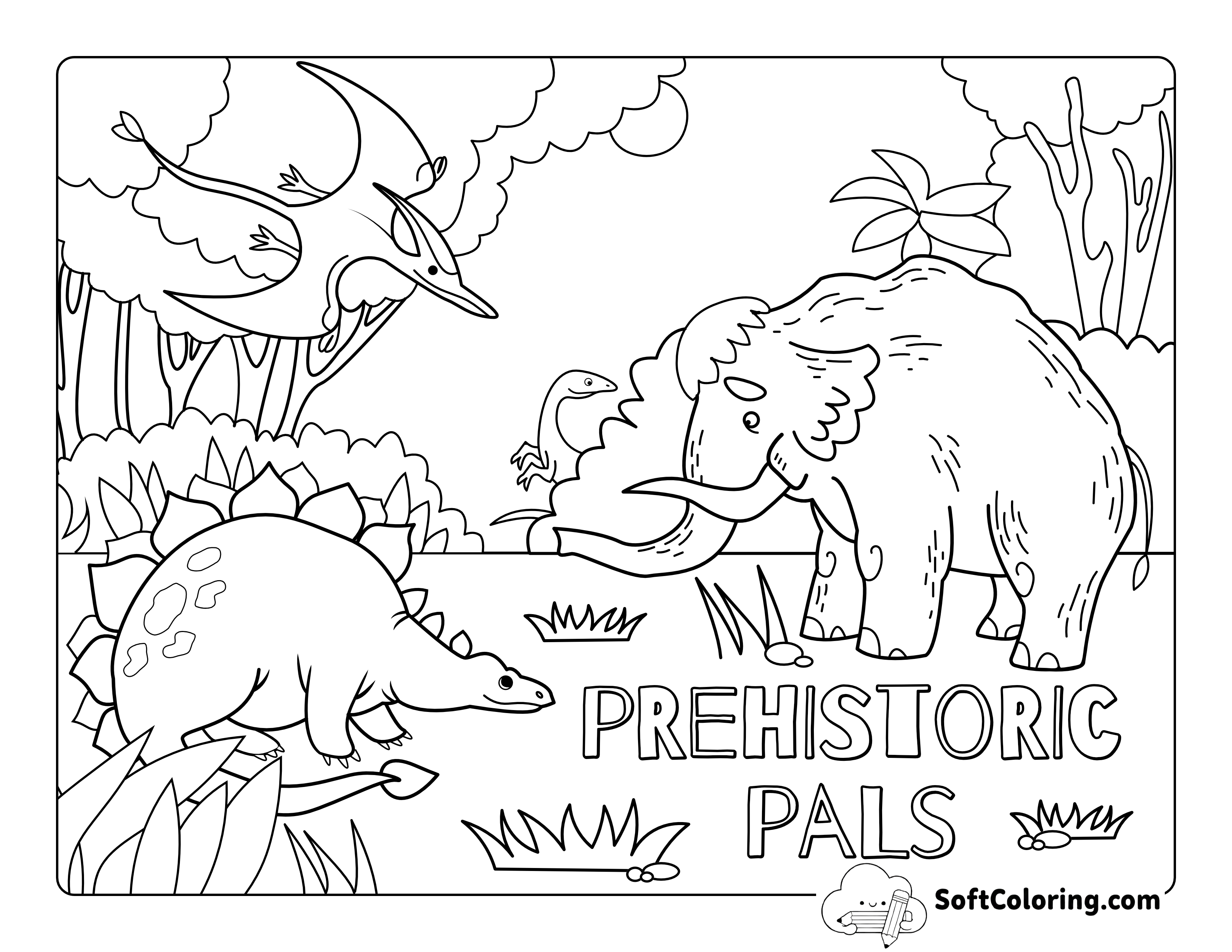 Prehistoric Dinosaurs & Woolly Mammoth Illustration to Color