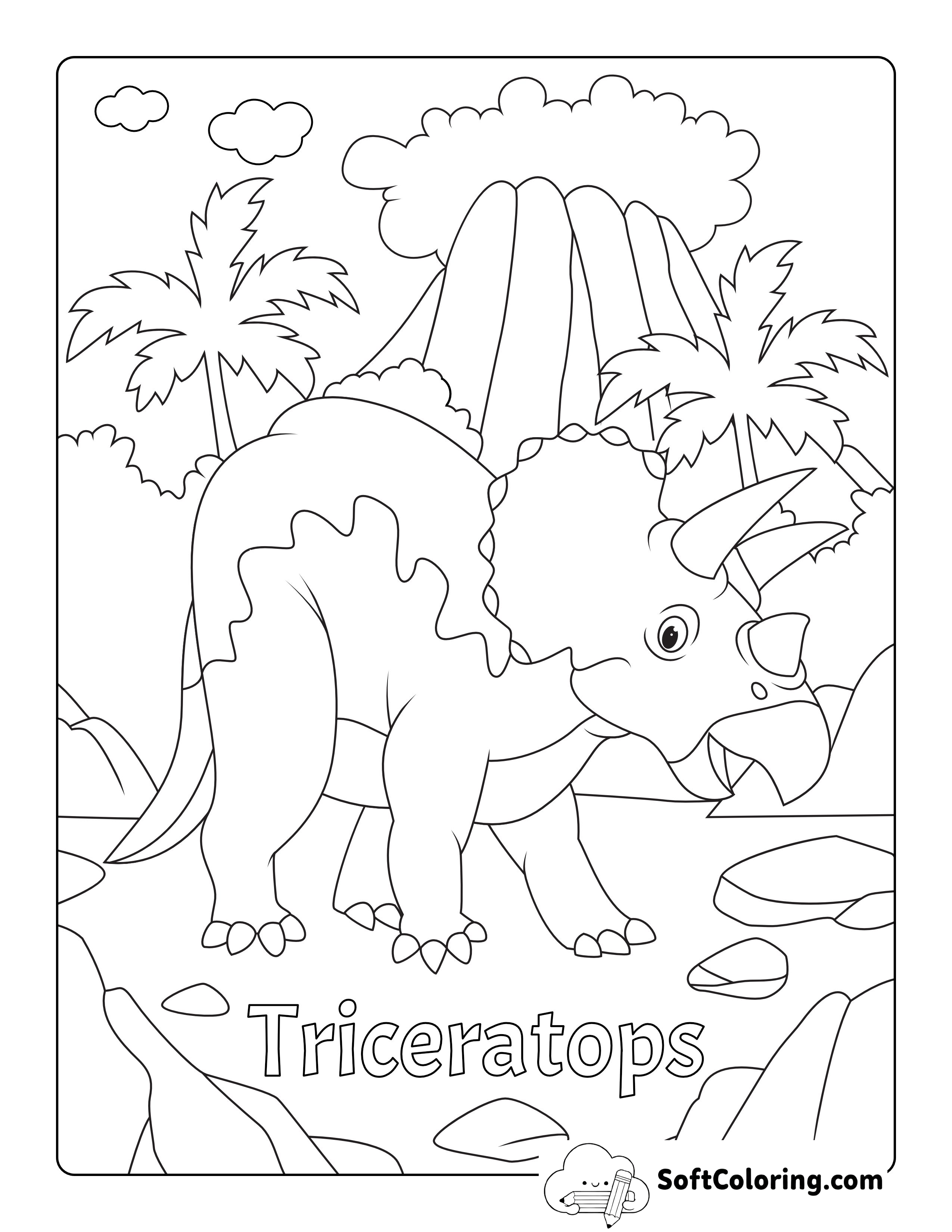 Triceratops and Erupting Volcano Scene to Color