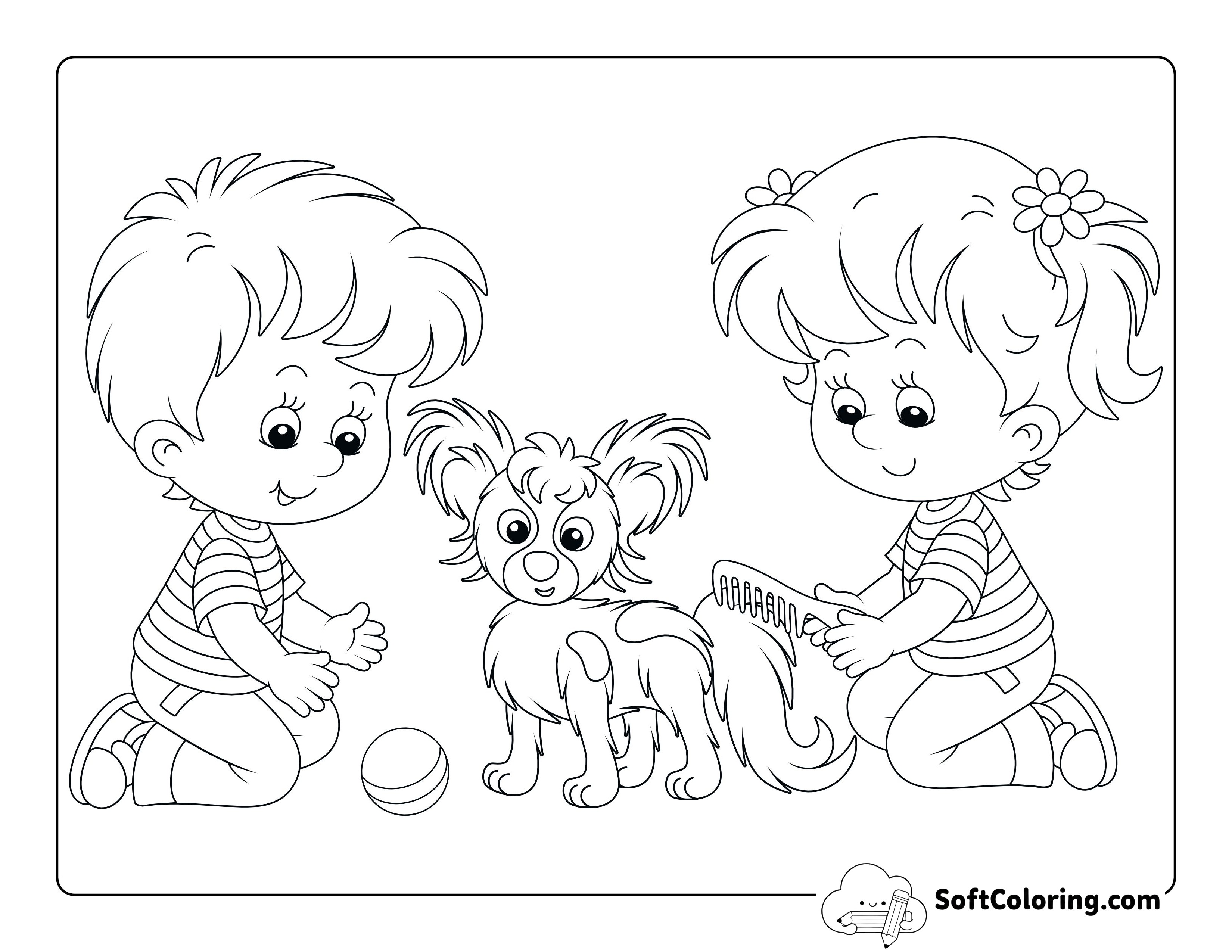 Children Playing with Puppy Dog Coloring Sheet