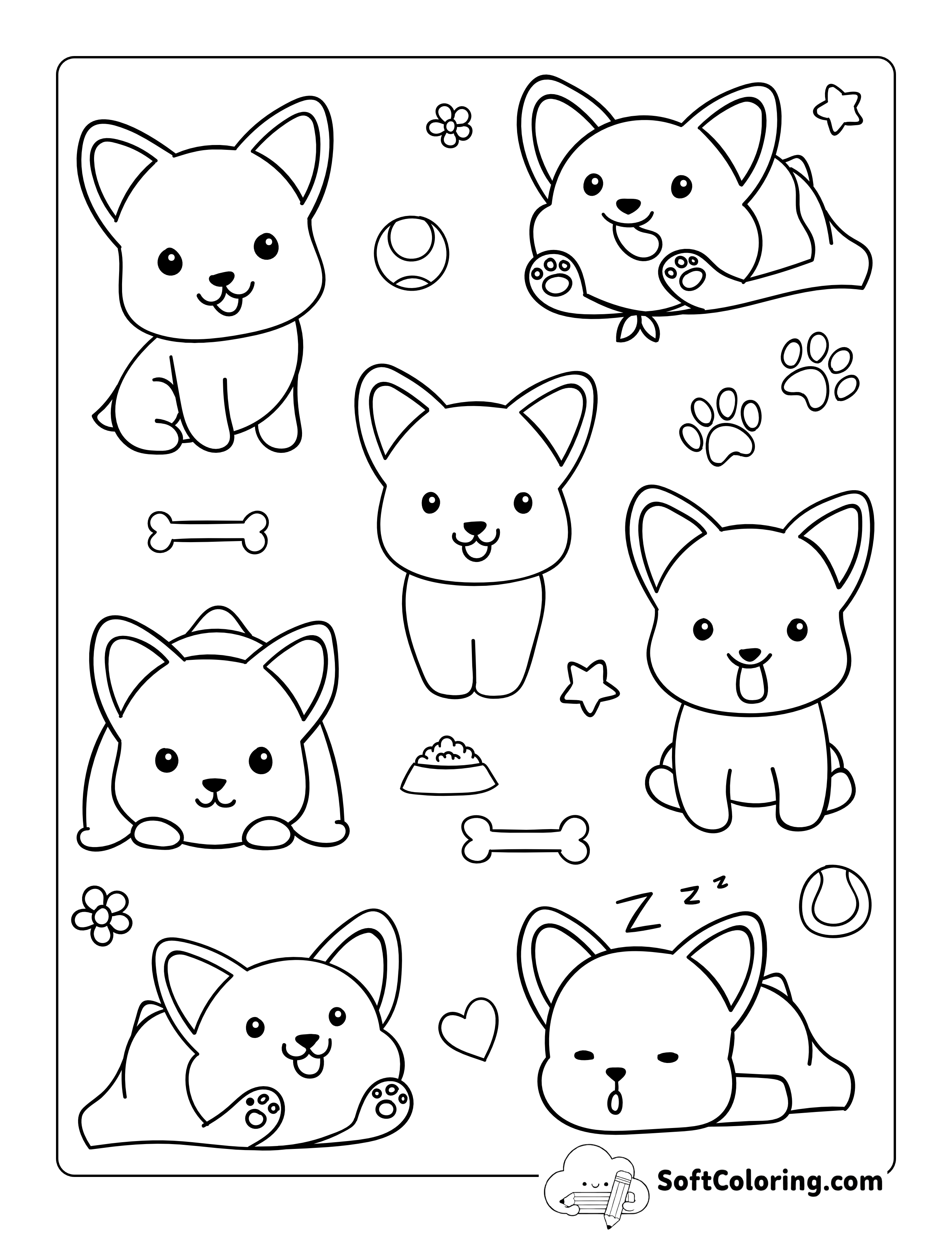Kawaii Corgi Dogs Coloring Page