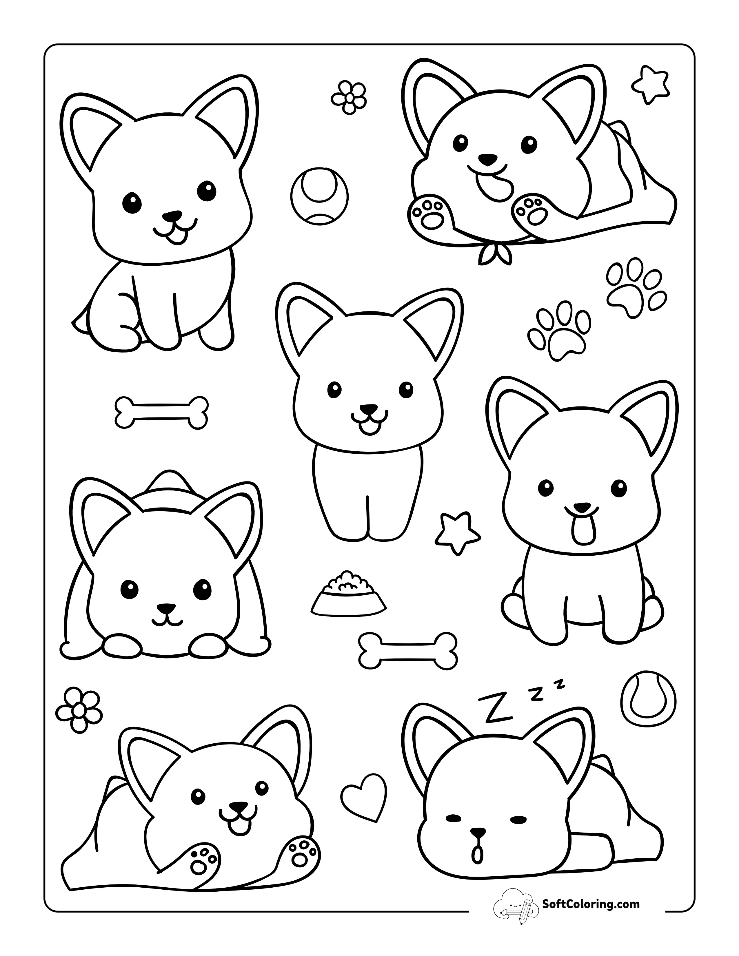 Cute Corgi Dogs Preppy Coloring Sheet