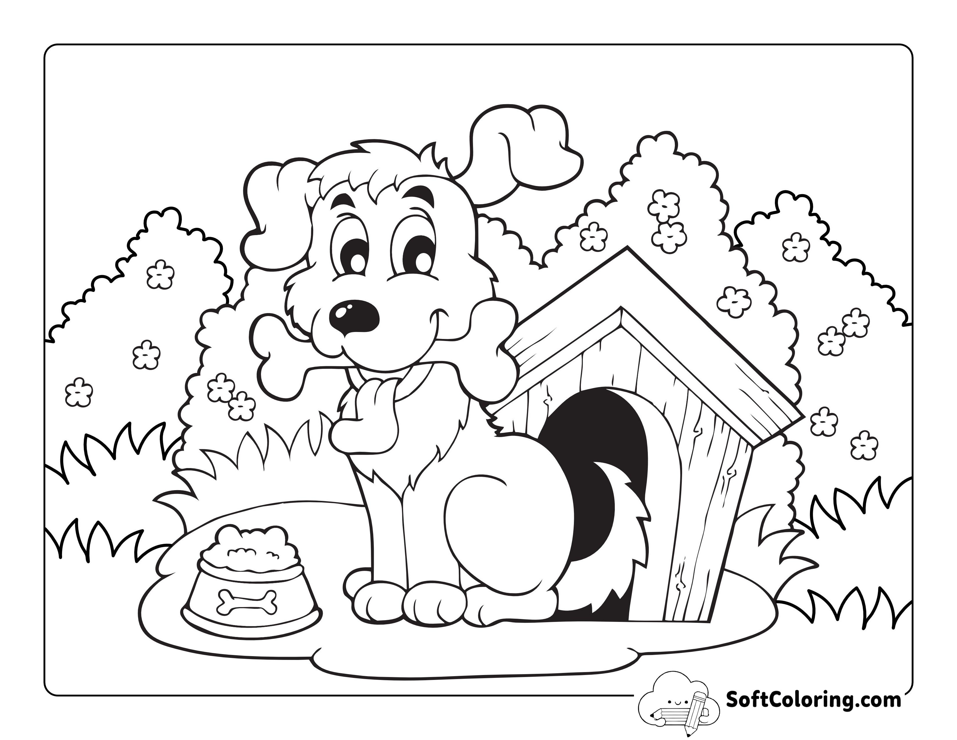 Cute Cartoon Puppy in Kennel Picture to Color