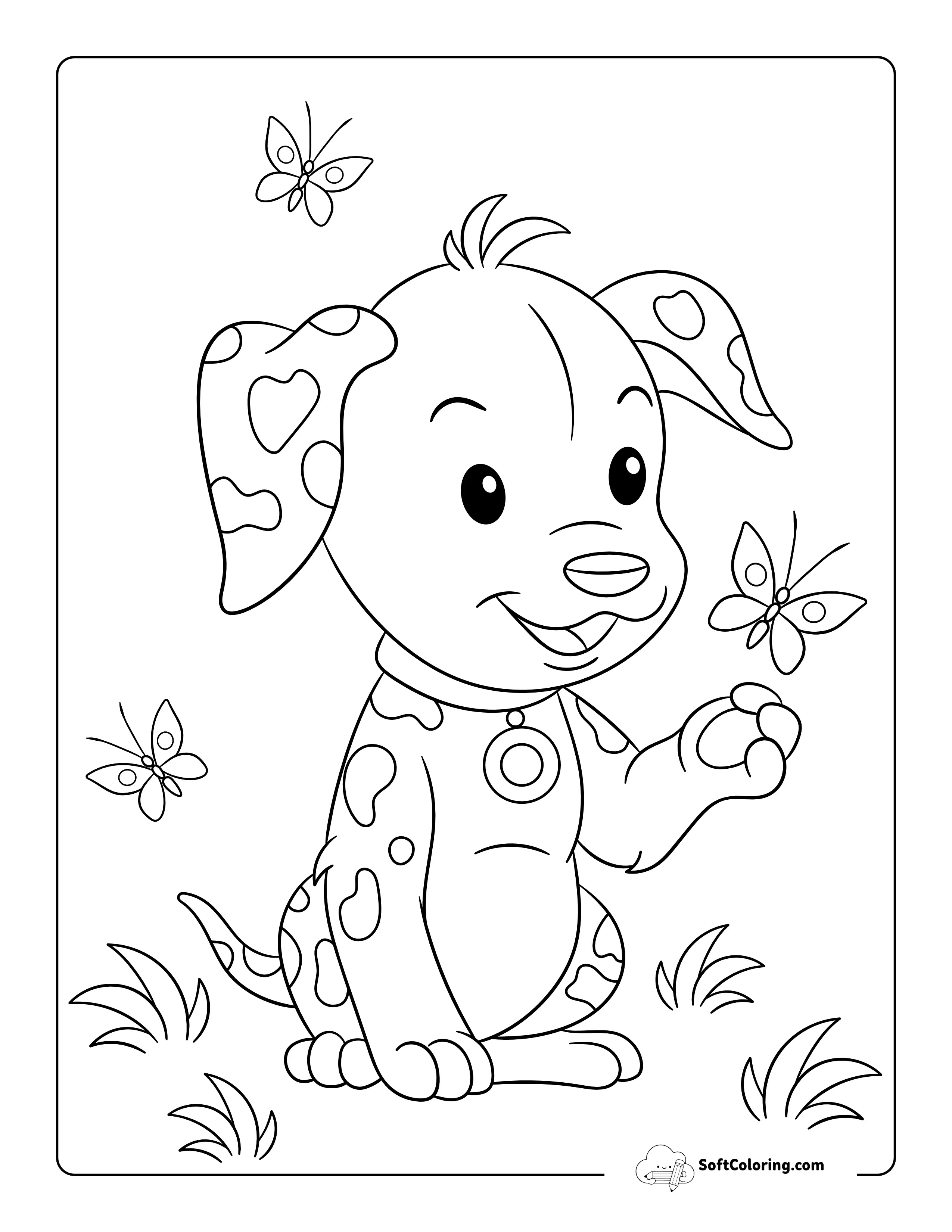 Cute Spotted Puppy Dog With Butterfly Picture For Kids