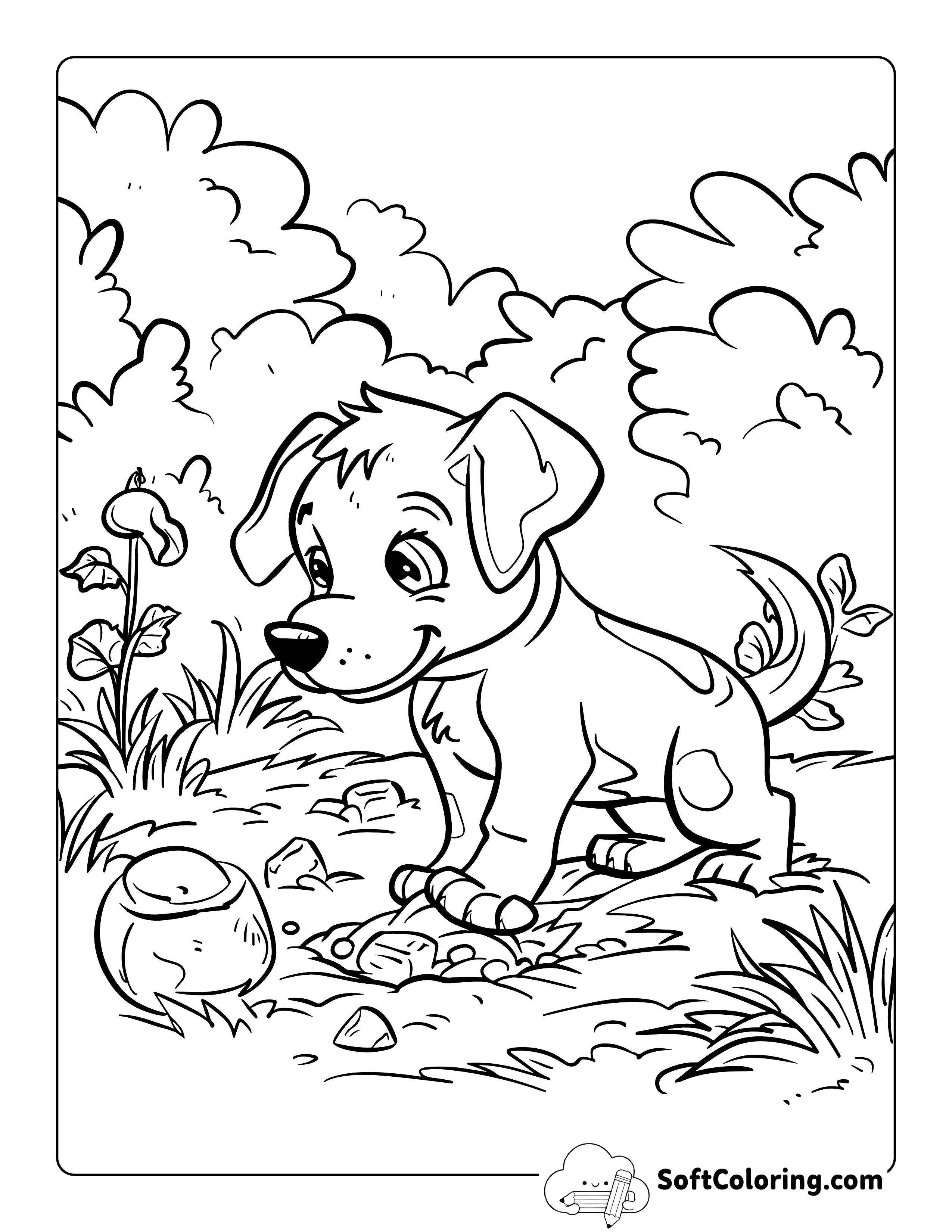 Mischievous Dog Digging in Garden Coloring Page for Kids