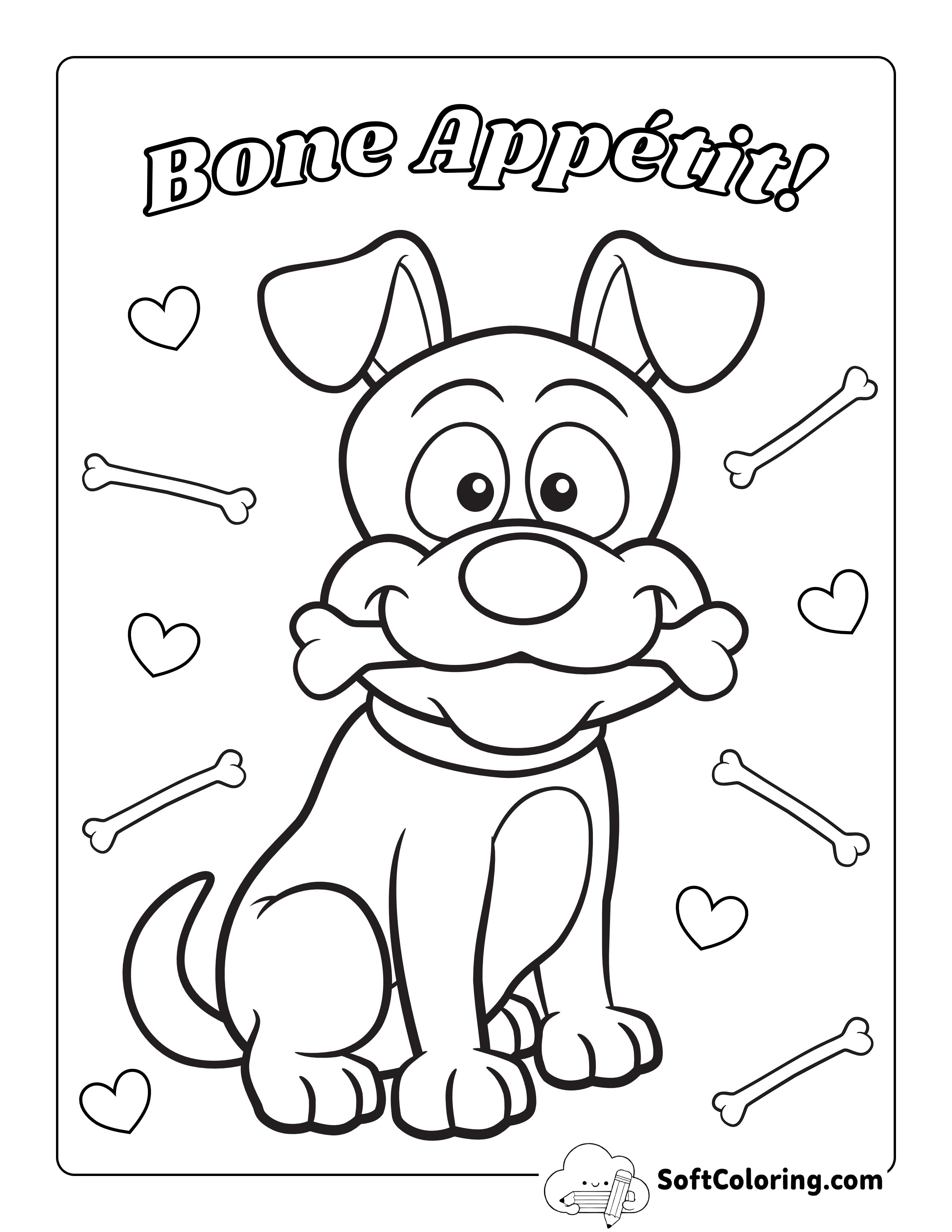 Cartoon Puppy Dog with Bone Coloring Page