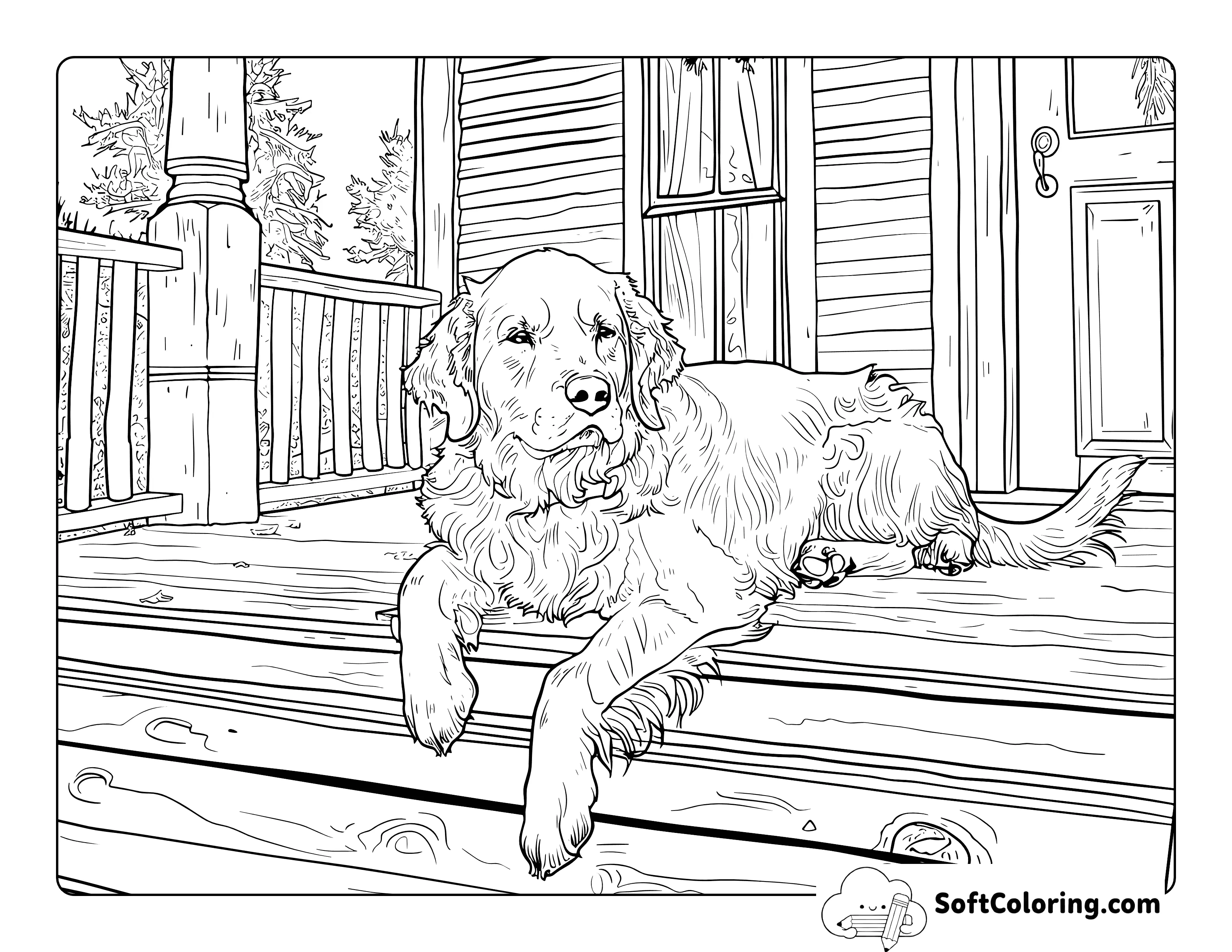 Golden Retriever Chilling On Porch Coloring Print-Out For Adults