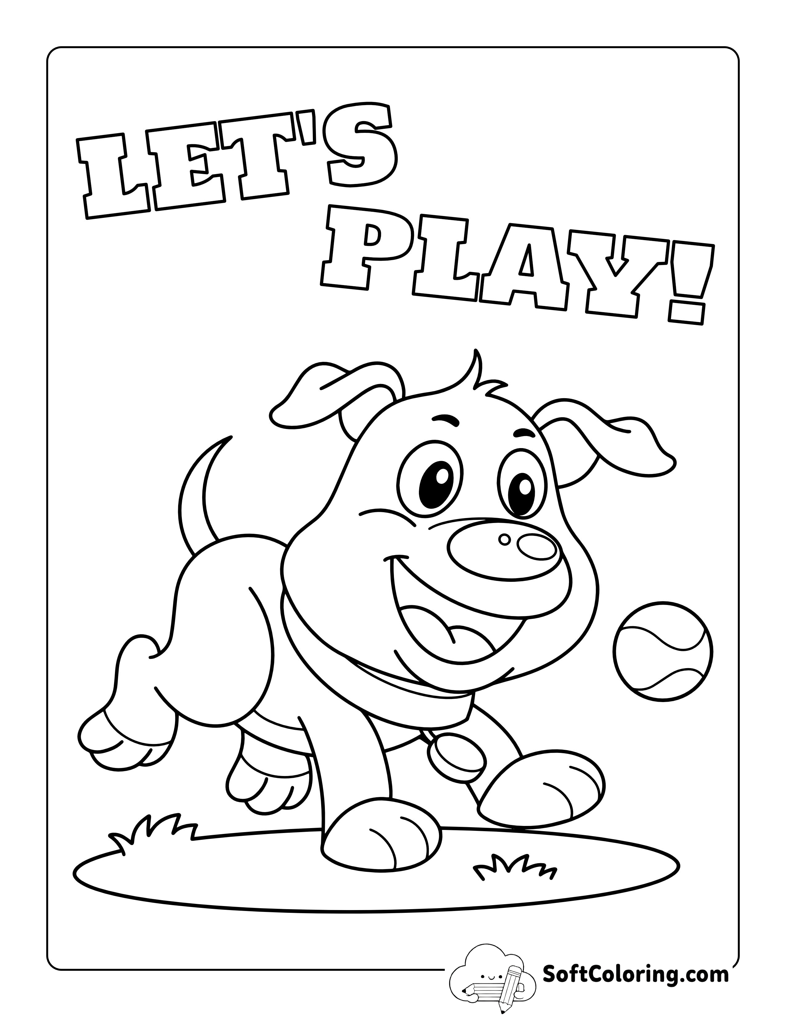 "Let's Play" Dog Playing Fetch Coloring Page