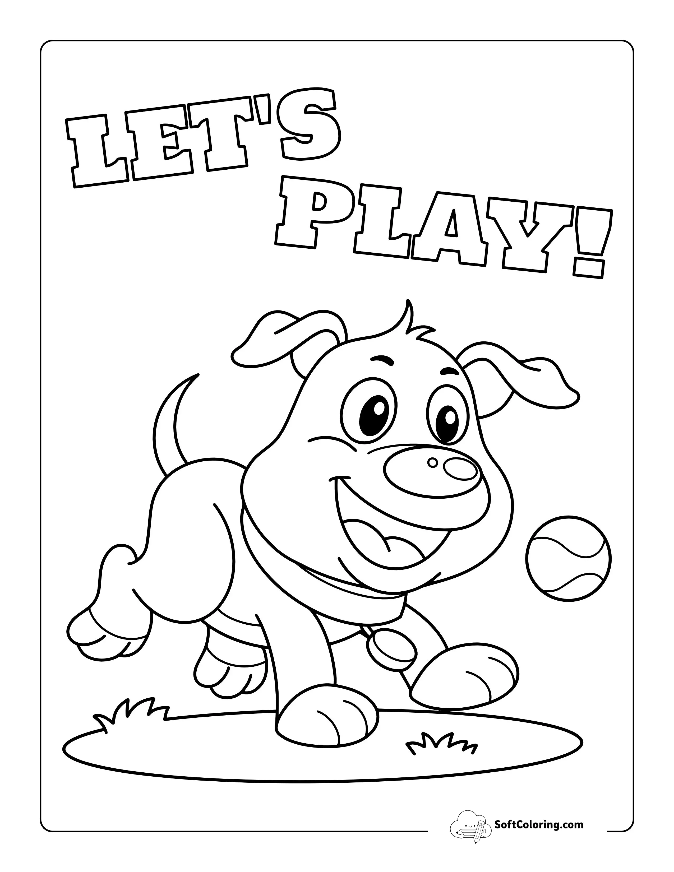 "Let's Play" Dog Playing Fetch Coloring Page