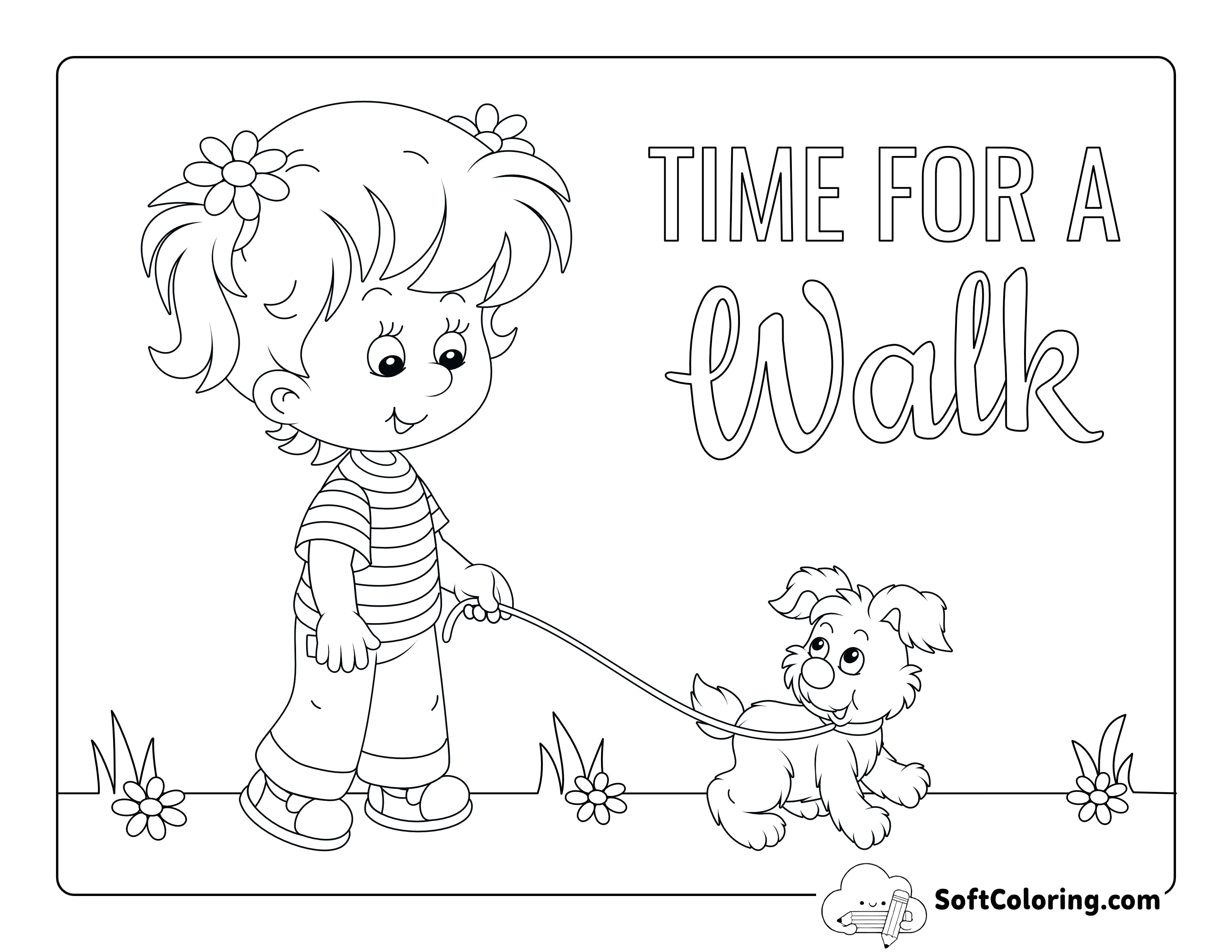 Girl Walking Puppy Coloring Sheet