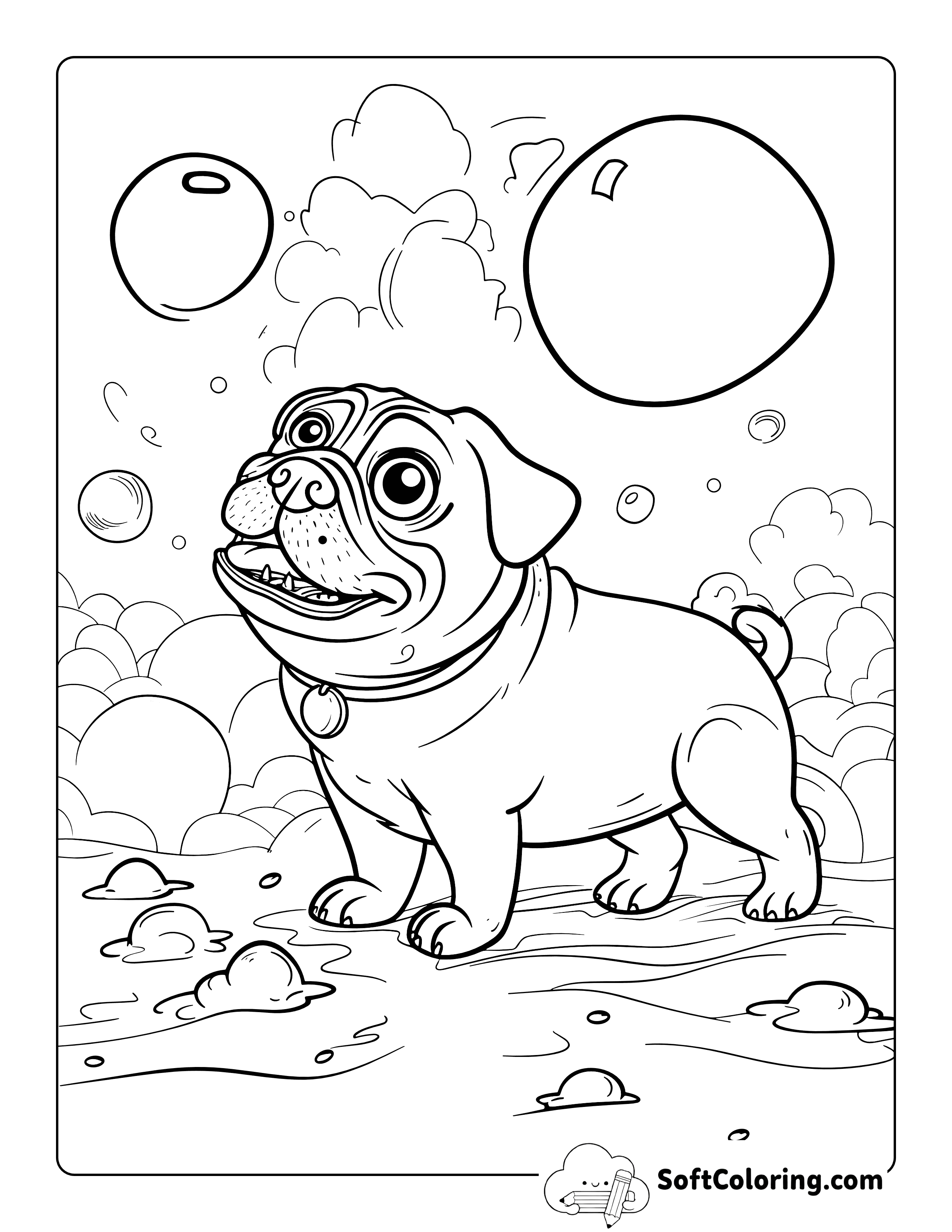 Pug Playing with Bubbles Coloring Sheet for Kids