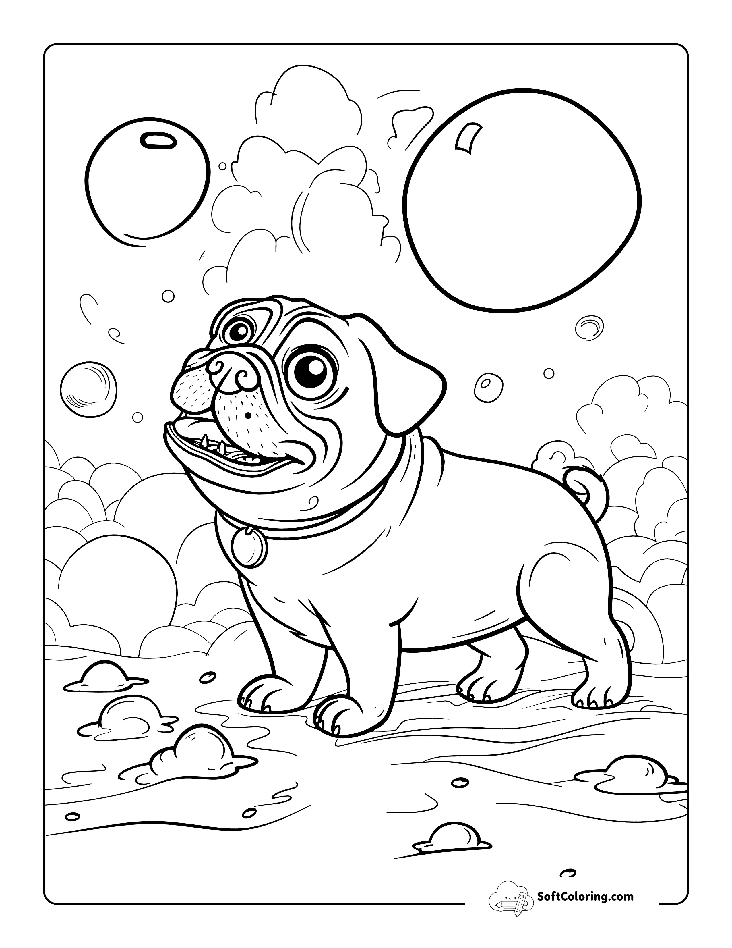 Pug Playing With Bubbles Coloring Sheet For Kids