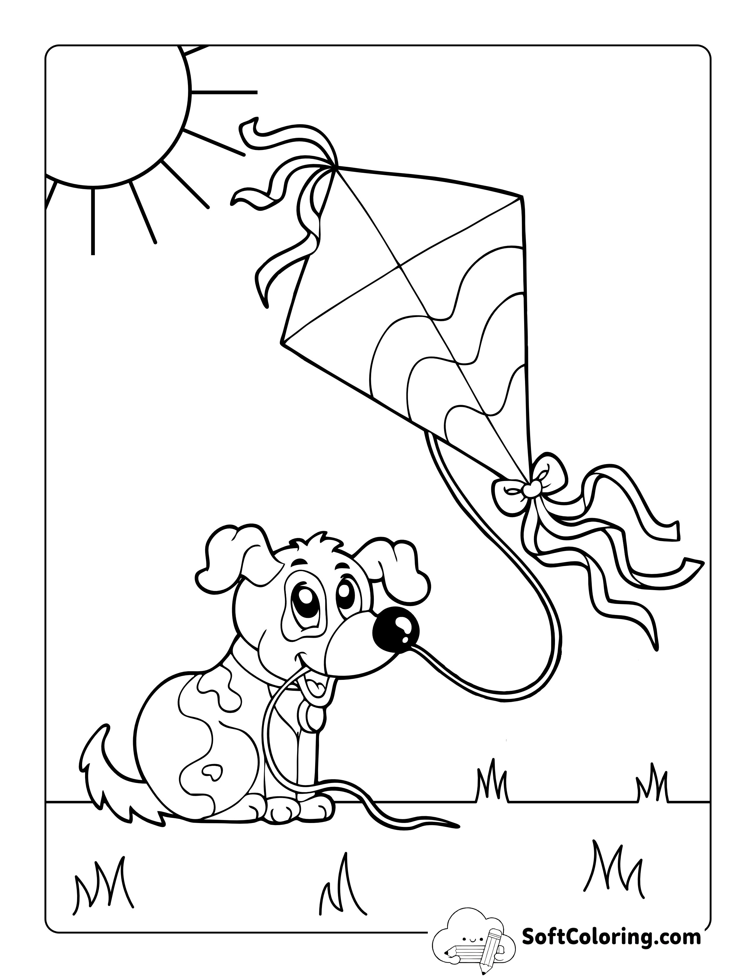 Puppy Dog Flying a Kite Picture to Color