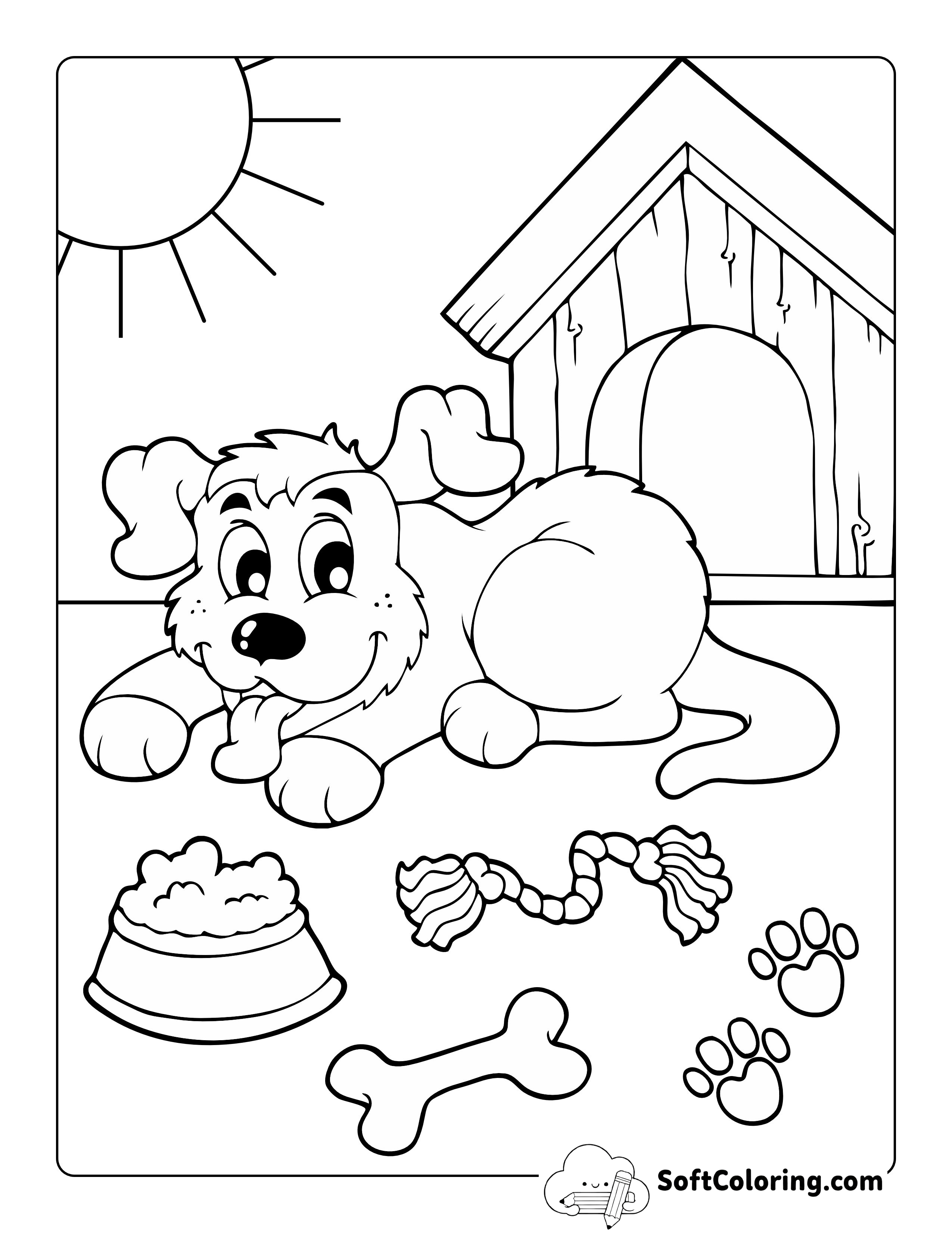 Cute Puppy Dog with Bone, Bowl, Kennel to Color