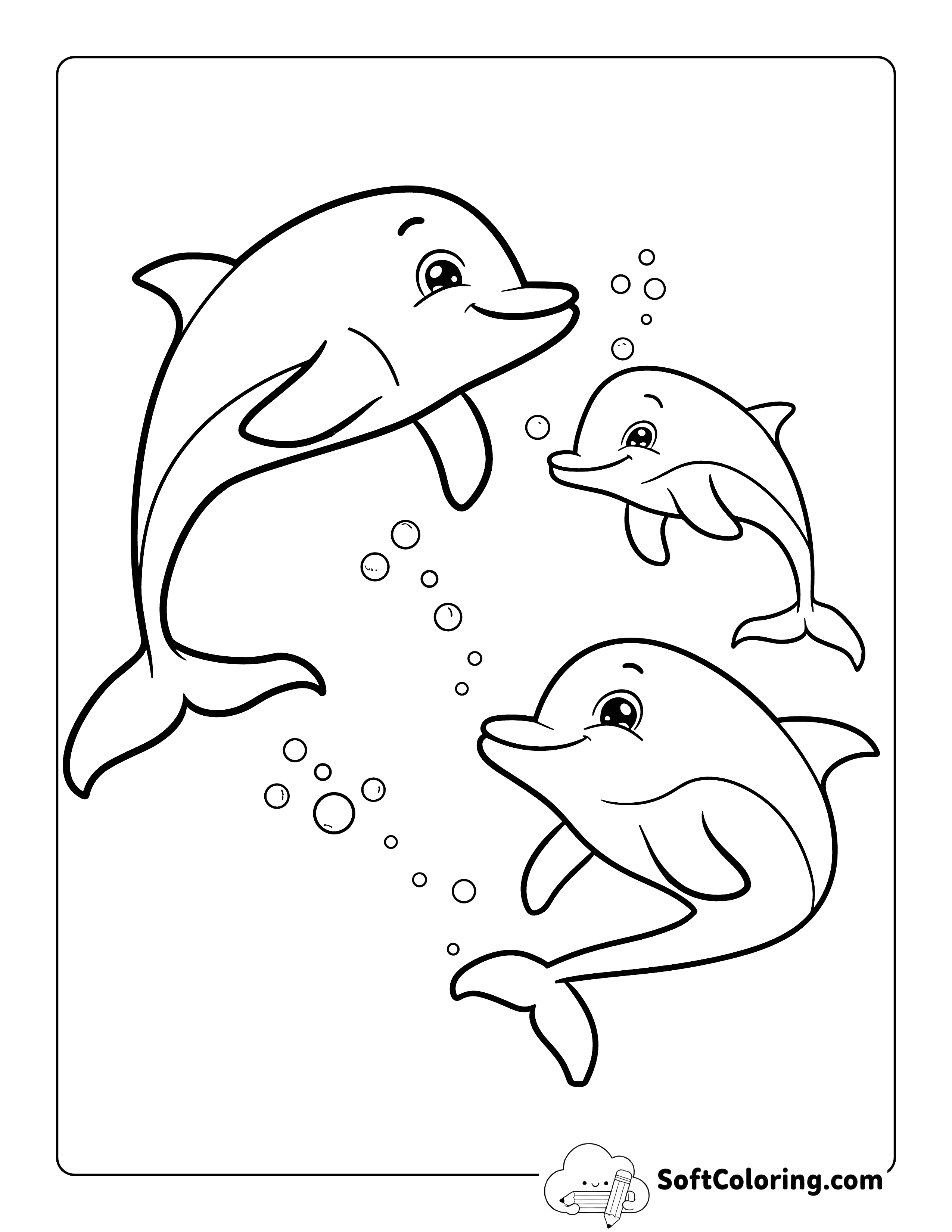 Easy Dolphin Pod and Baby Dolphin Coloring Page