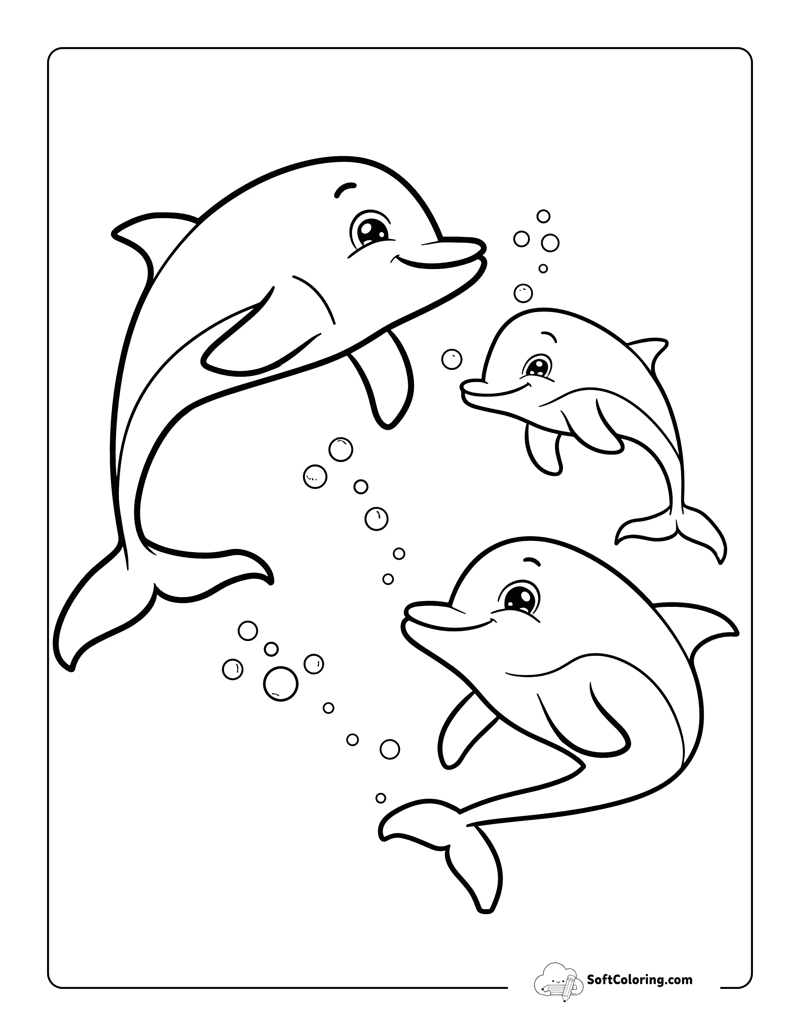 Easy Dolphin Pod And Baby Dolphin Coloring Page