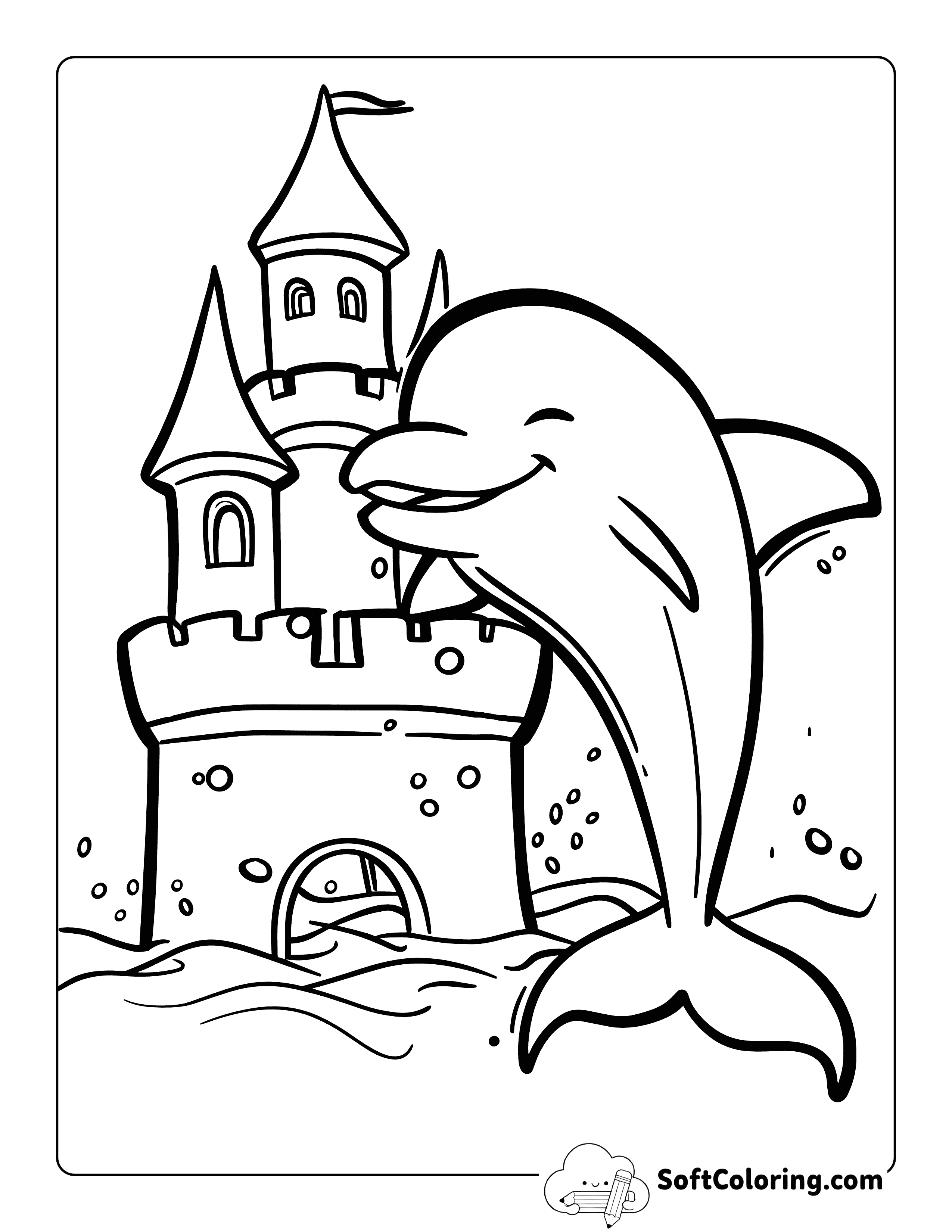 Cute Sandcastle Dolphin Coloring Page