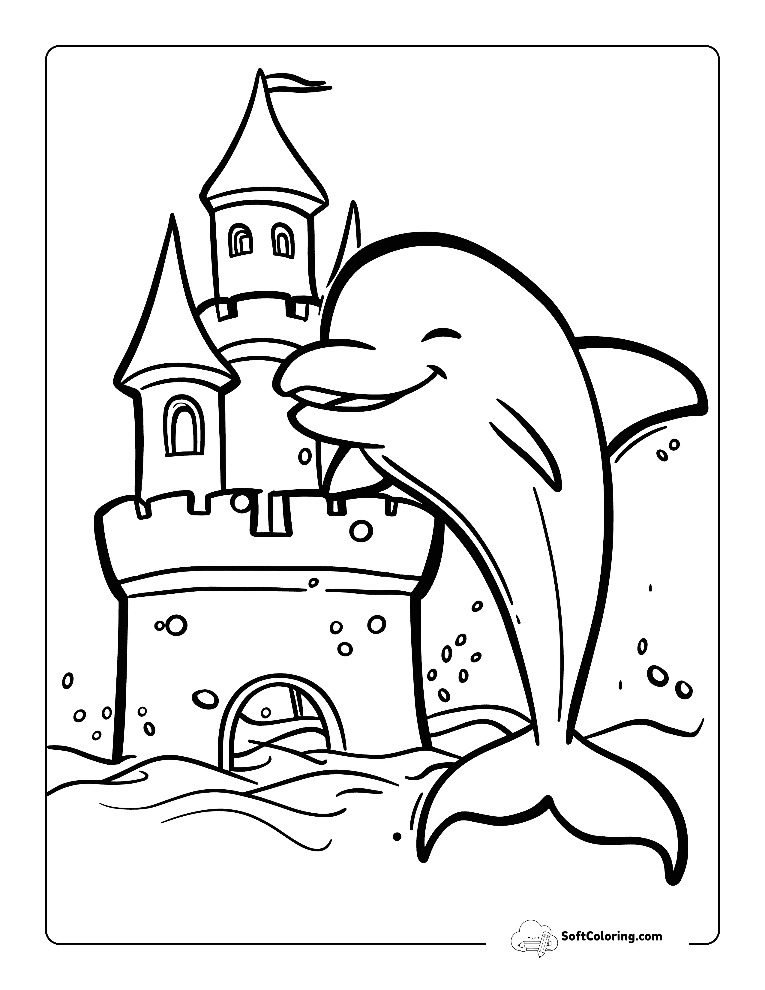 Cute Sandcastle Dolphin Coloring Page