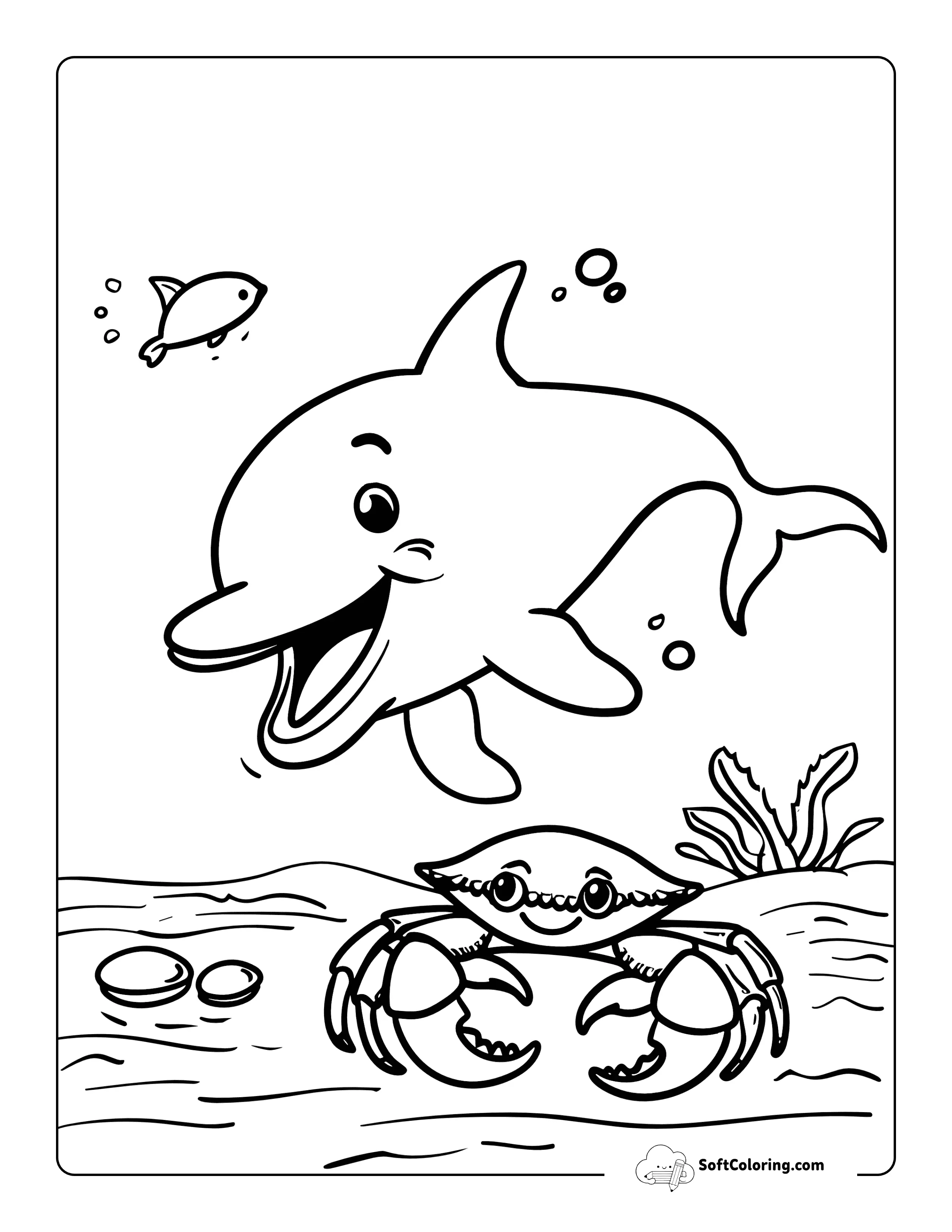 Crab And Dolphin Sea Creature Coloring Sheet Printable