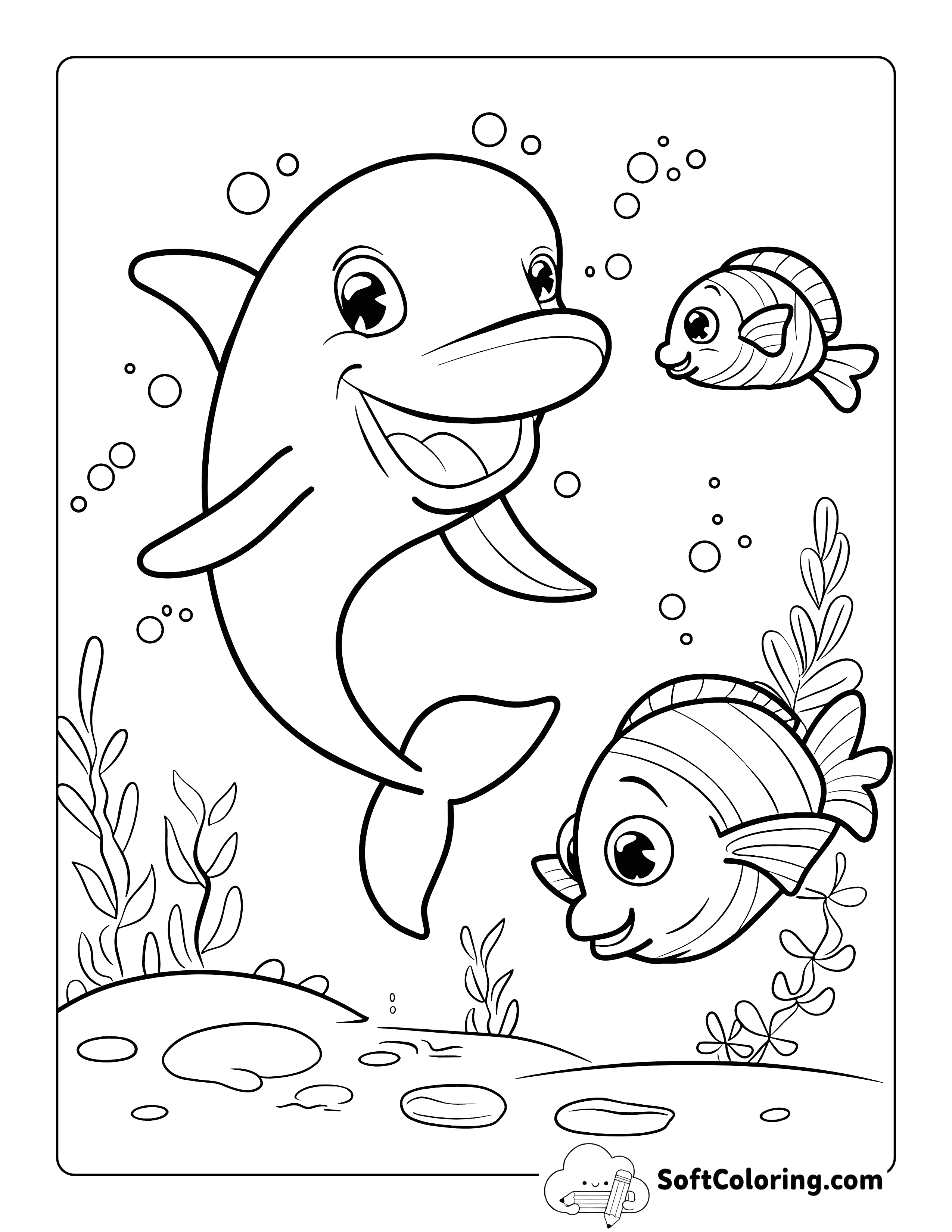 Fish Friends and Dolphin Coloring Sheet for Kids