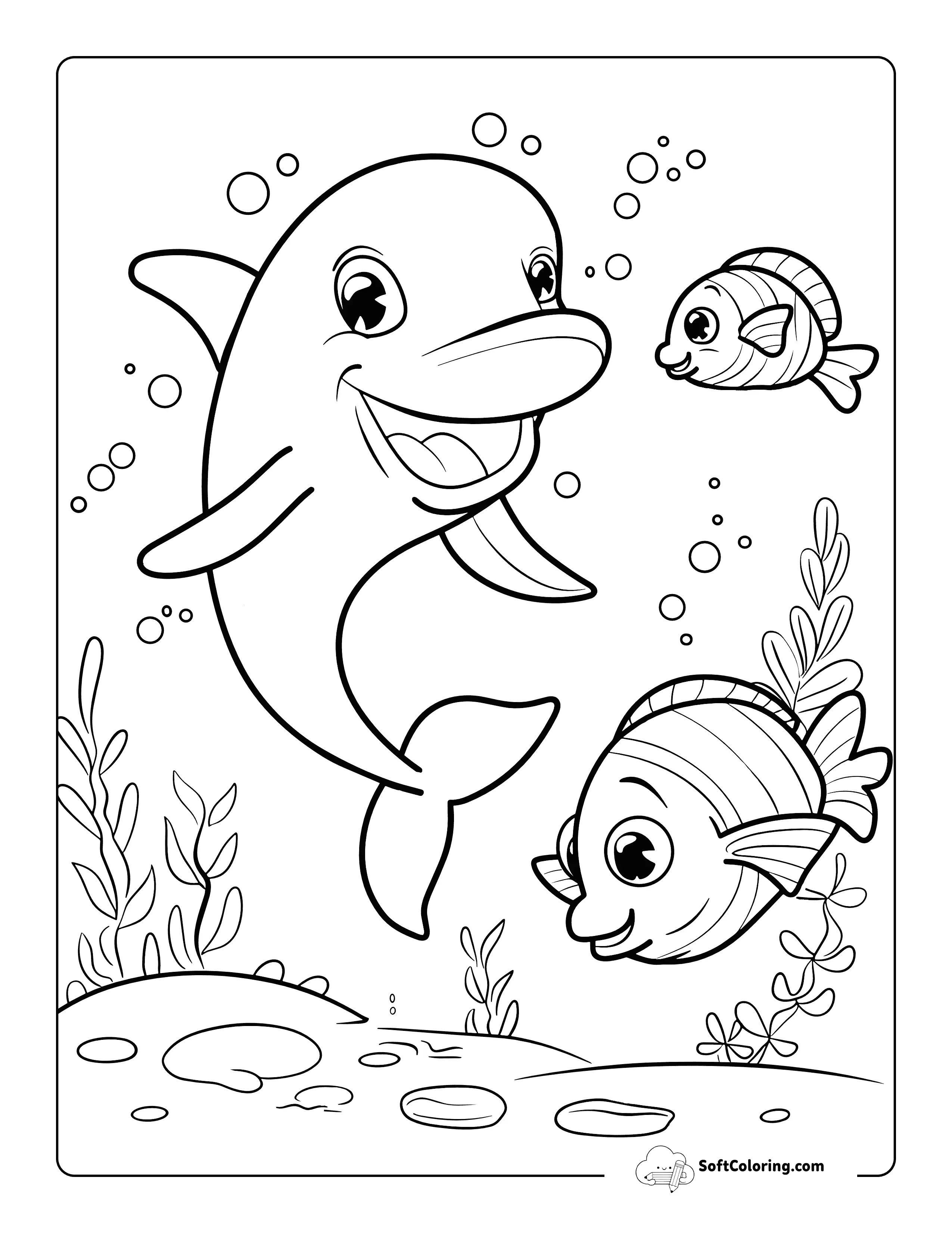 Fish Friends And Dolphin Coloring Sheet For Kids