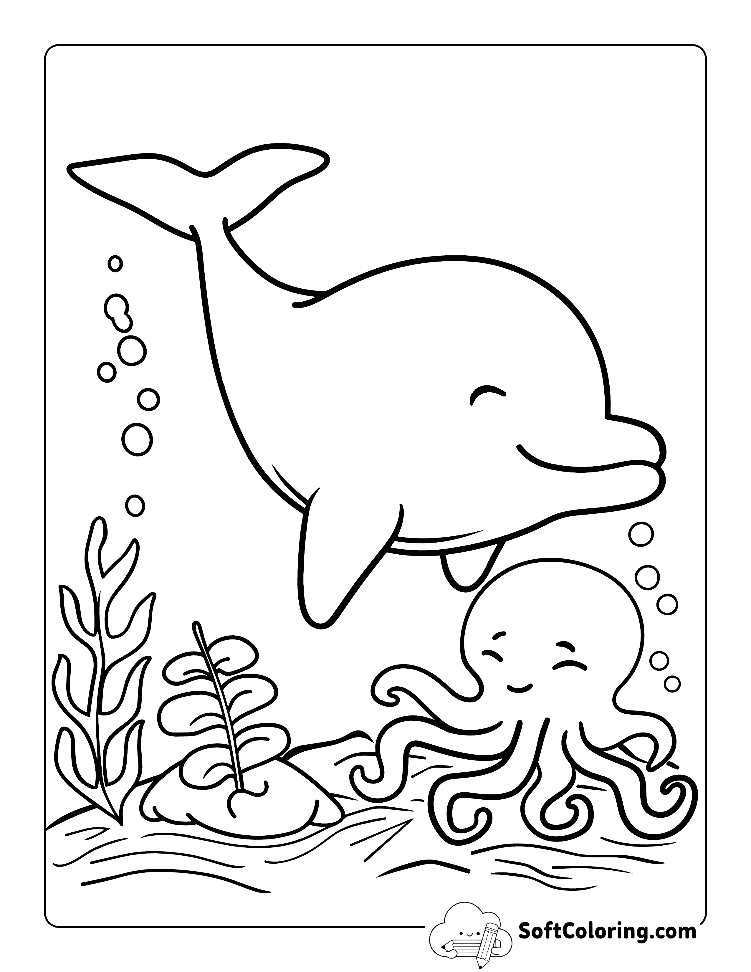 Cute Octopus and Dolphin Sea Animal Coloring Page