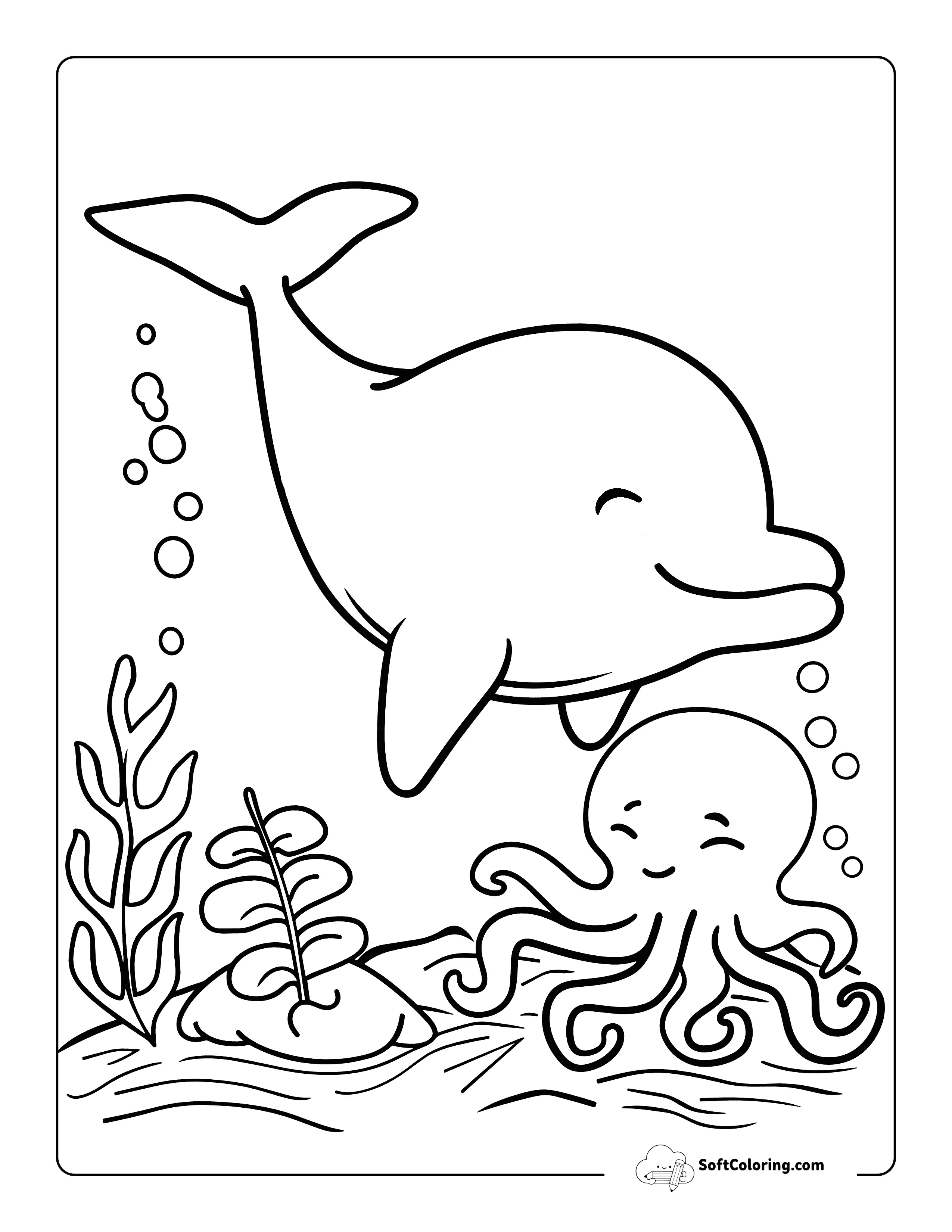 Cute Octopus And Dolphin Sea Animal Coloring Page