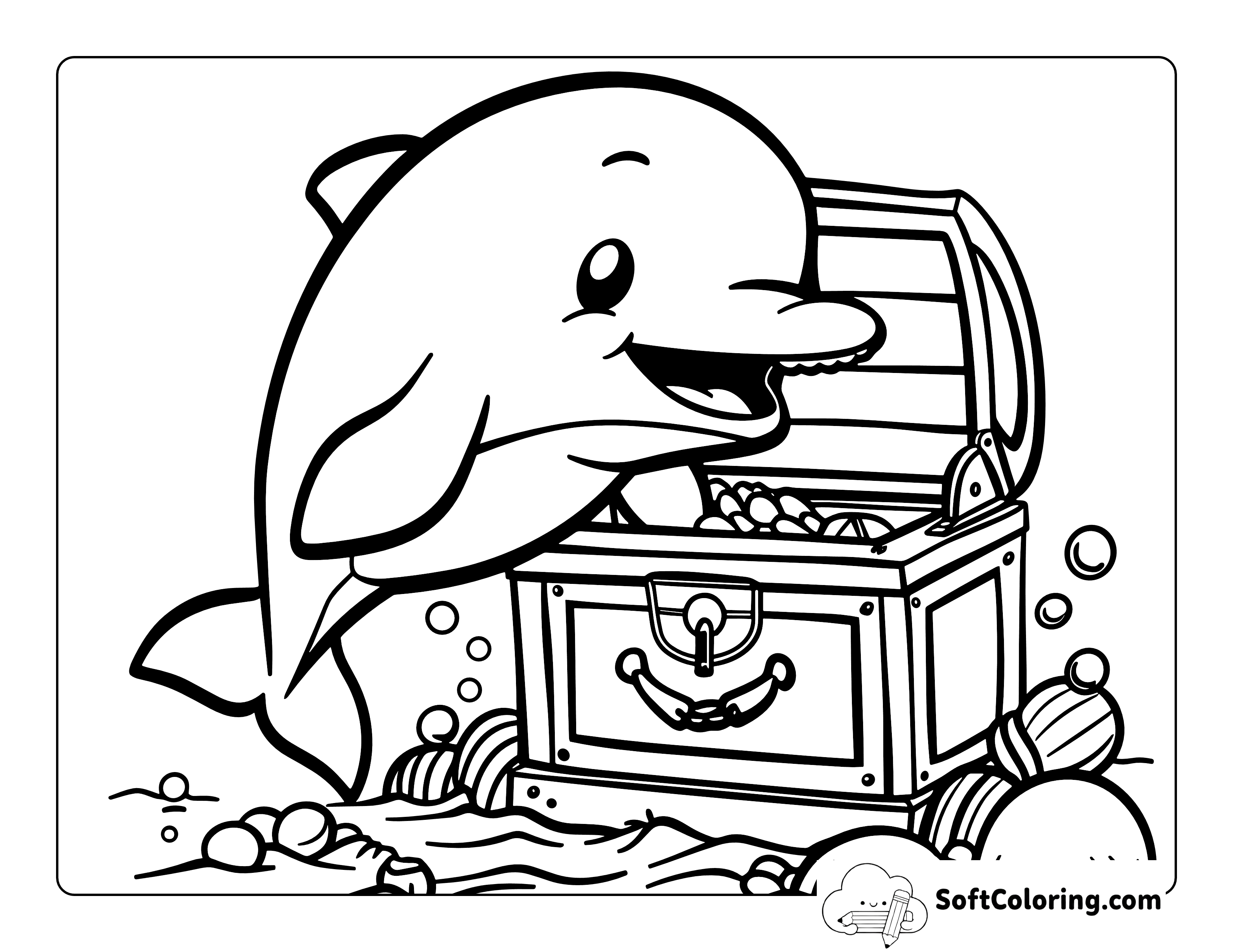 Cute Dolphin with Buried Treasure Coloring Sheet