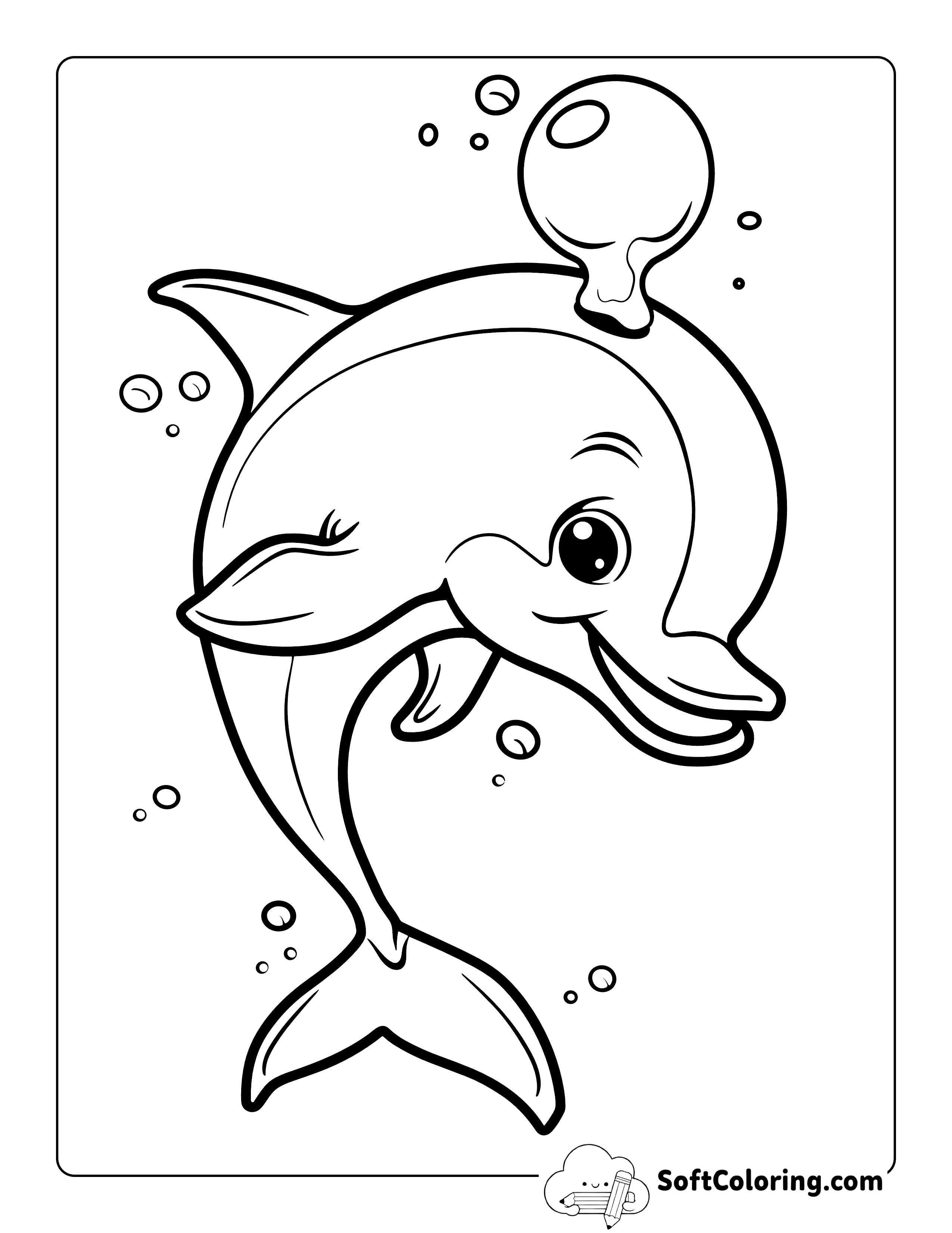 Baby Dolphin Coloring Page Blowing a Bubble