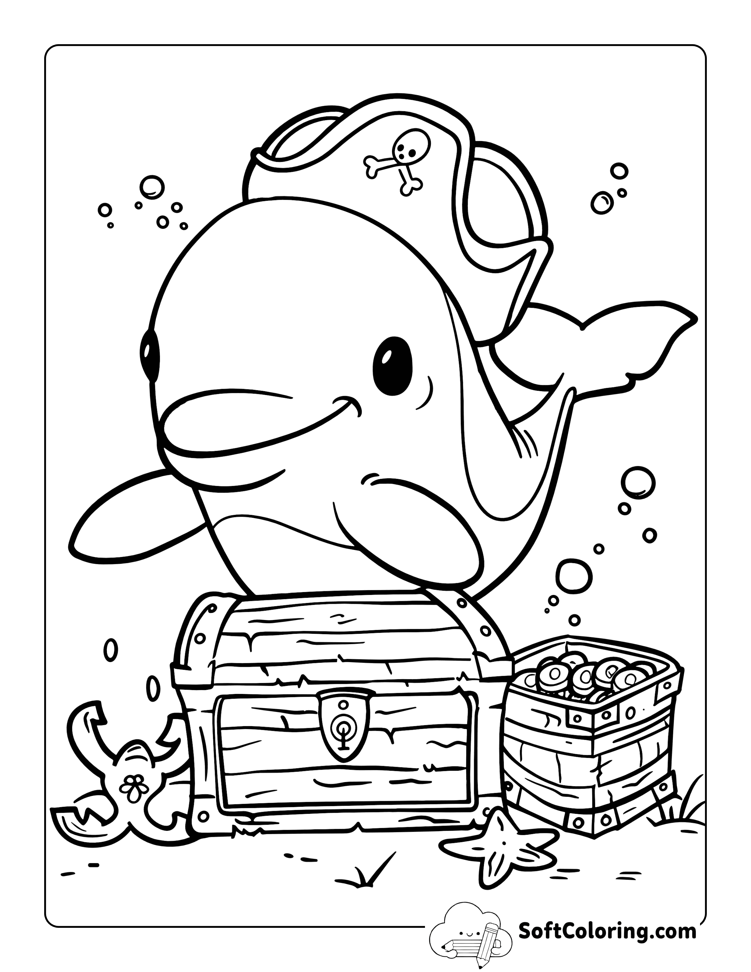 Fun Dolphin with Treasure Chest Printable Coloring Page